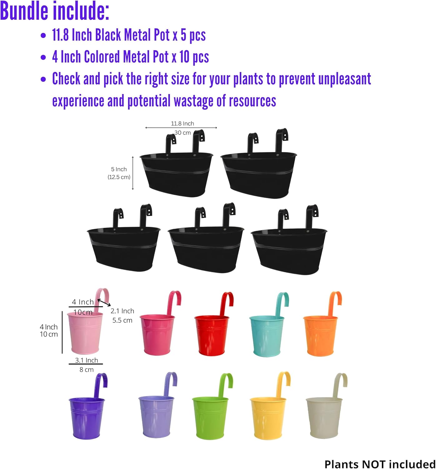 LaLaGreen Bundle- 5 Pack, 11.8 Inch Black Metal Pot + 10 Pack, 4 Inch Colored Metal Pot Hanging Rainbow Window Box Plant Herb Holder with Hook Modern Countryside Garden Deck Porch Railing Fence Decor