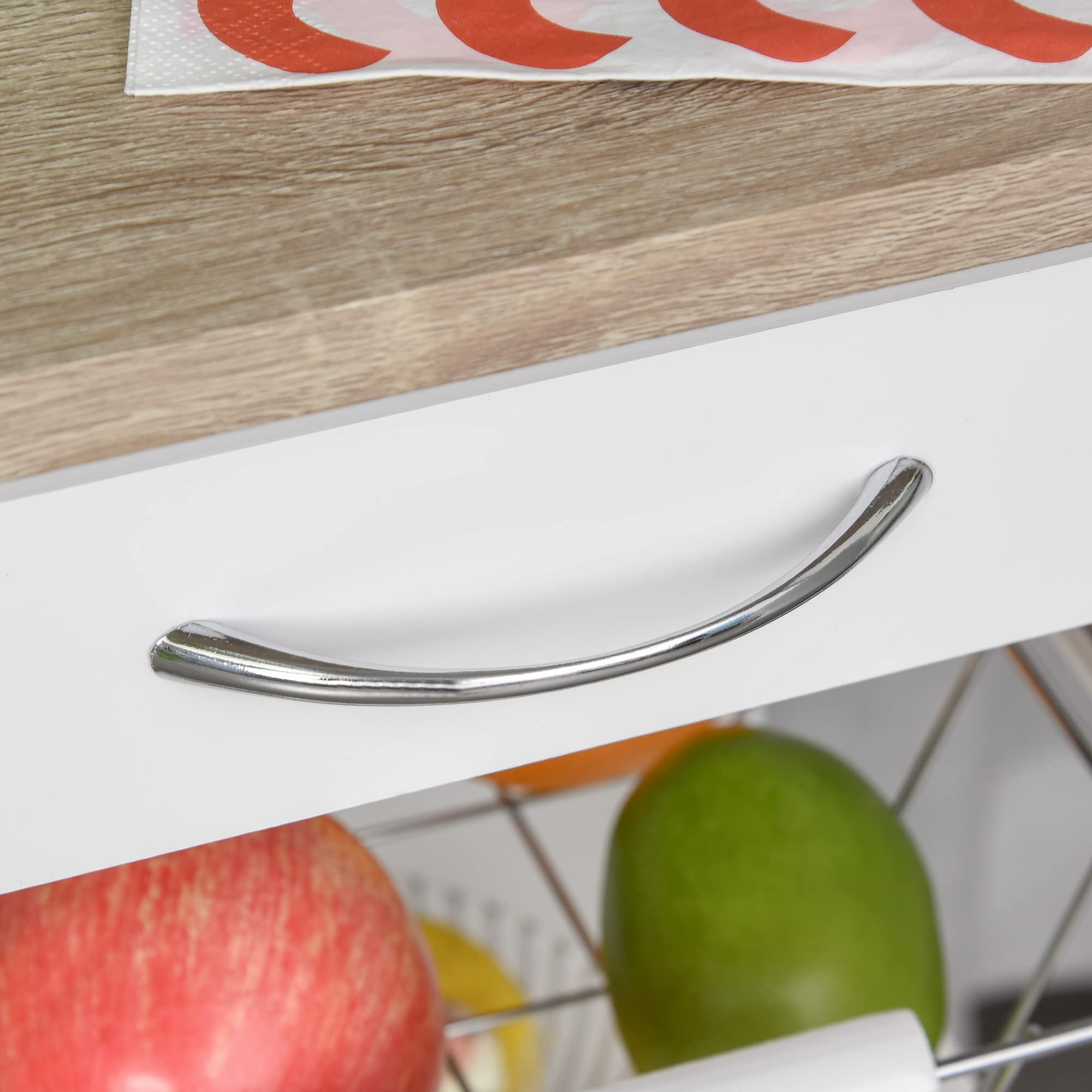 HOMCOM Chariot de Service Desserte de Cuisine à roulettes Blanc Chêne Clair | Panier, 2 Plateaux Amovibles, Tiroir, Étagère MDF Bois de Pin