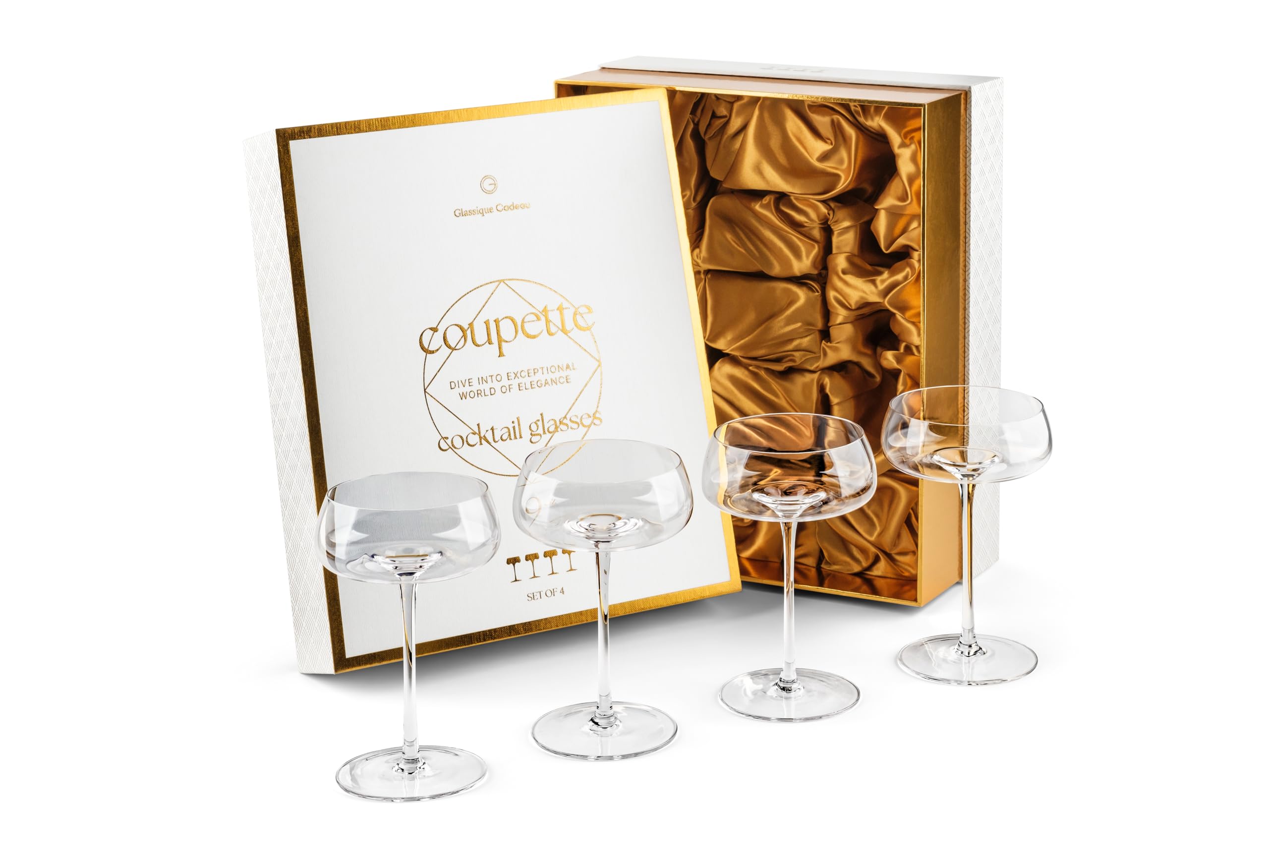 GLASSIQUE CADEAU Bicchieri da cocktail e champagne in cristallo, set da 4, eleganti bicchieri da 255 ml, per espresso Martini, Daiquiri, Cosmopolitan, Gimlet | piattini rotondi fantasia