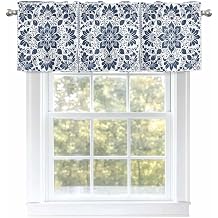 Valances for Windows Blue Floral Pattern Leaves Geometric Art Rod Pocket Kitchen Window Curtain Valance, Window Treatment Valance Curtains for Kitchen Living Room Bathroom, 42"x12"