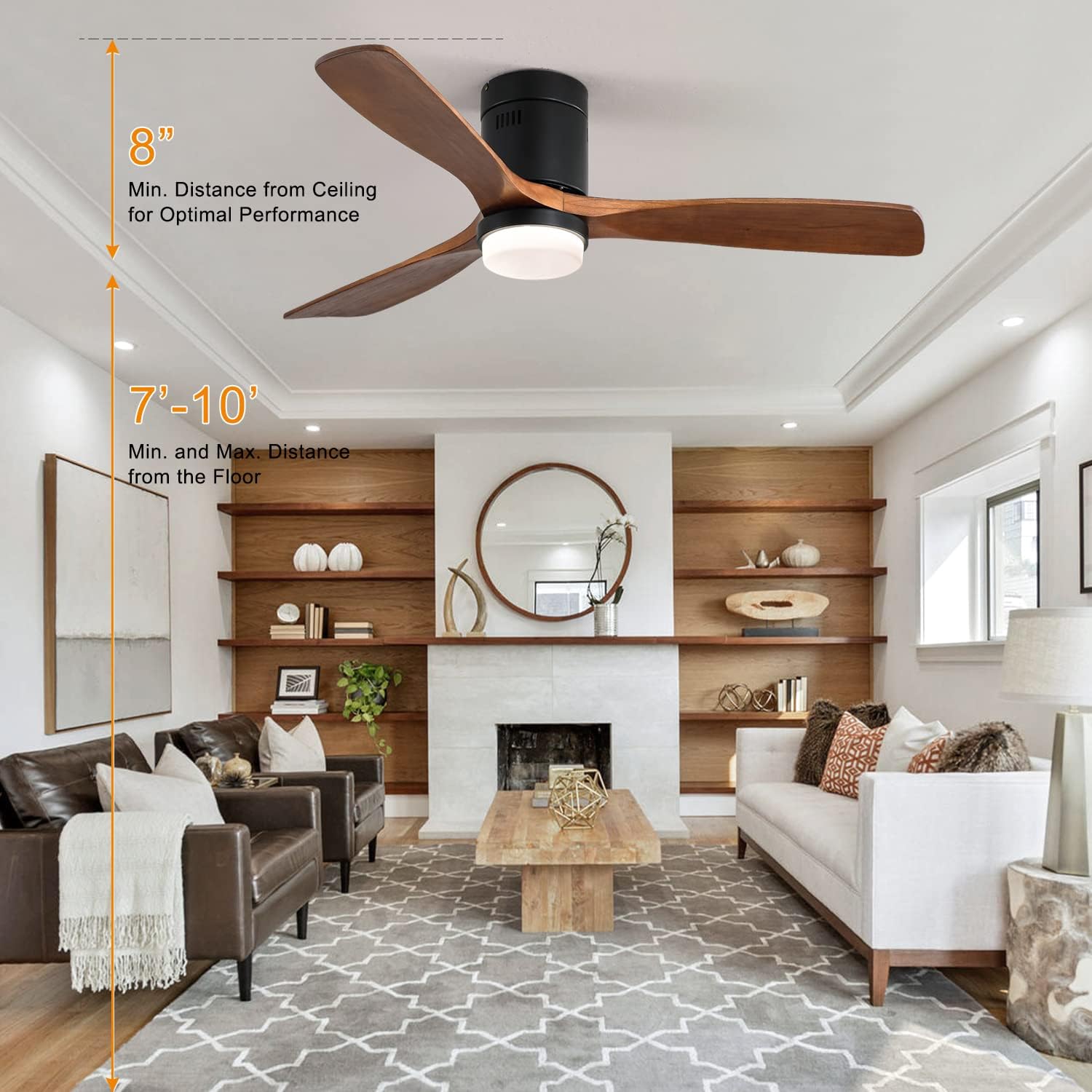 52 Inch Indoor Ceiling Fan with Lights 3 Solid Wood Fan Blade Noiseless Reversible Motor Remote Control with Light