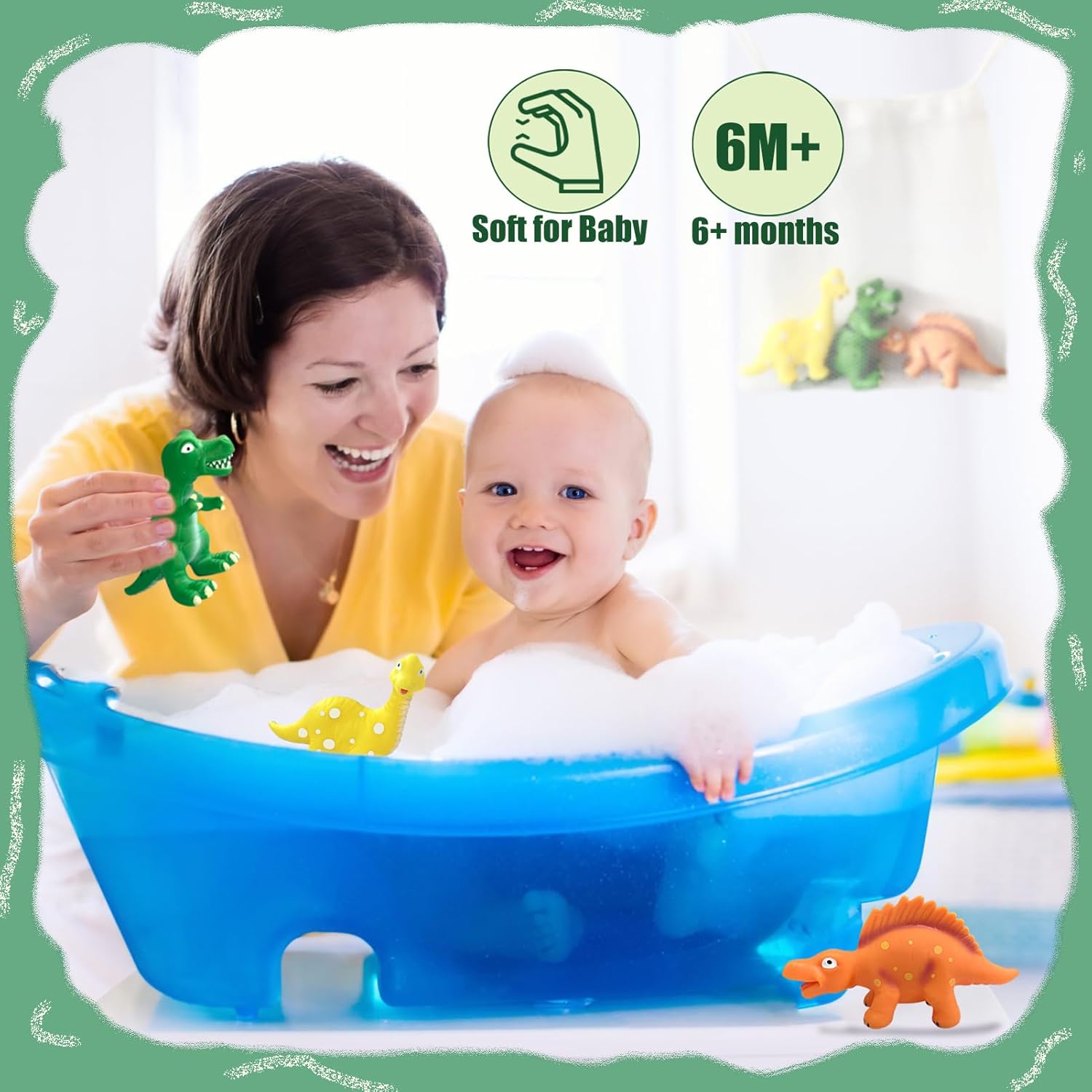 Dinosaurs Toys for Toddlers 1-3, No Hole Bath Toys for 18 Months, 3Pcs Soft Rubber Dino Bath Toy for Kids Age 1-3 with Storage Bag, Easy-Grip Baby & Toddler Bathtub Shower Water Table Pool Beach Toys