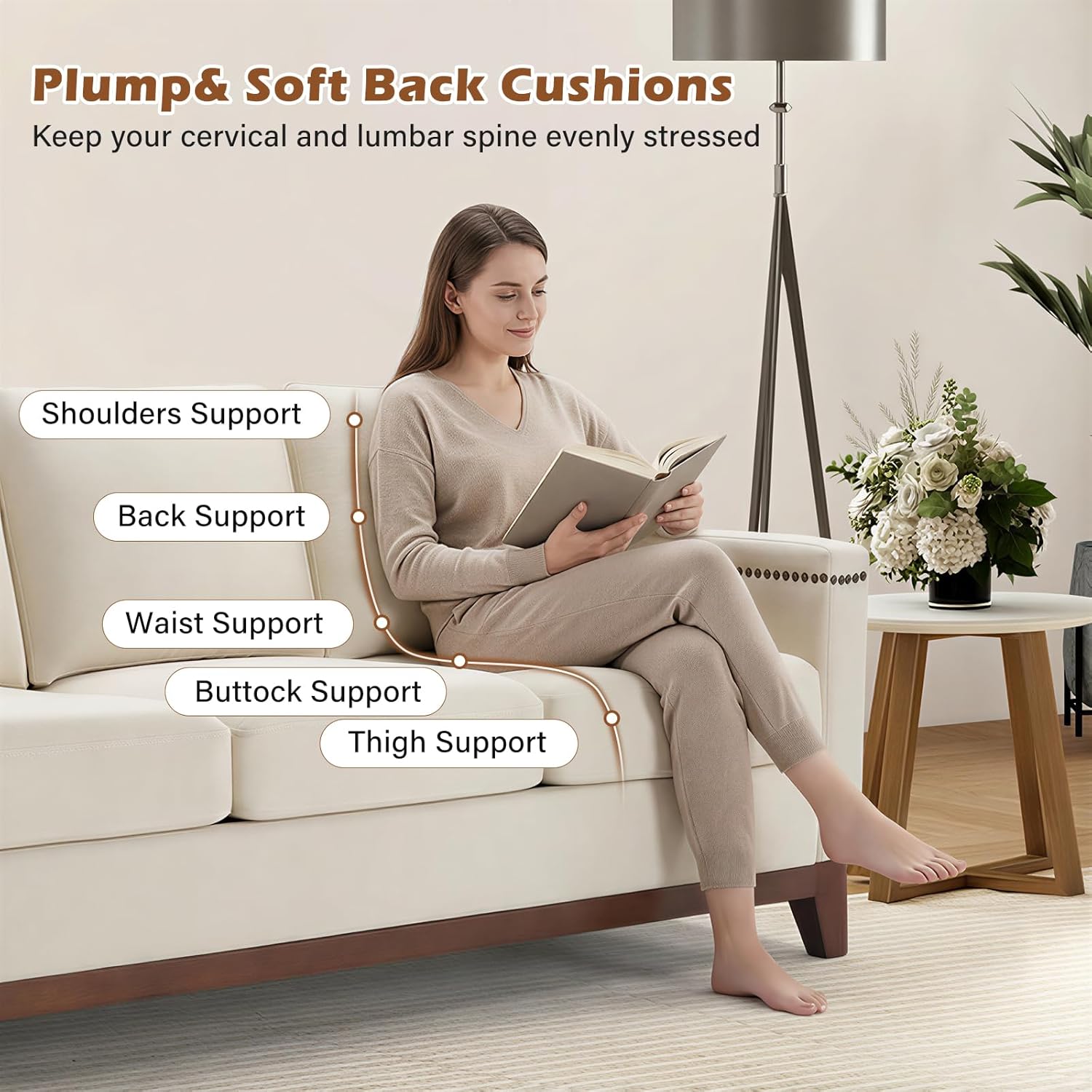 HAOMARKETS 4-Piece Living Room Sofa Set with Coffee Table, Vintage Rivet Couch Sets with Solid Wood Legs, Sofas Furniture of Ottoman with Storage Space, Armchair, Loveseat and 3-Seat Sofa, Beige