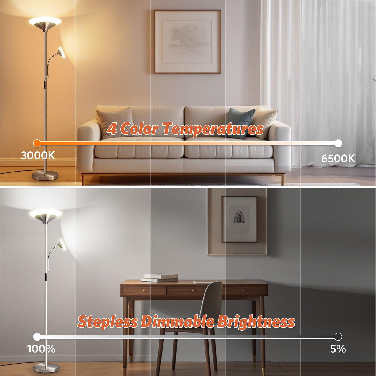 BBHome Stehlampe Wohnzimmer LED, 27W Deckenfluter LED Dimmbar mit 6W leselampe, 3000K-6500K Moderne Dimmbar Stehlampe mit Fernbedienung & Berührung für Wohnzimmer, Schlafzimmer, Büro (silber)