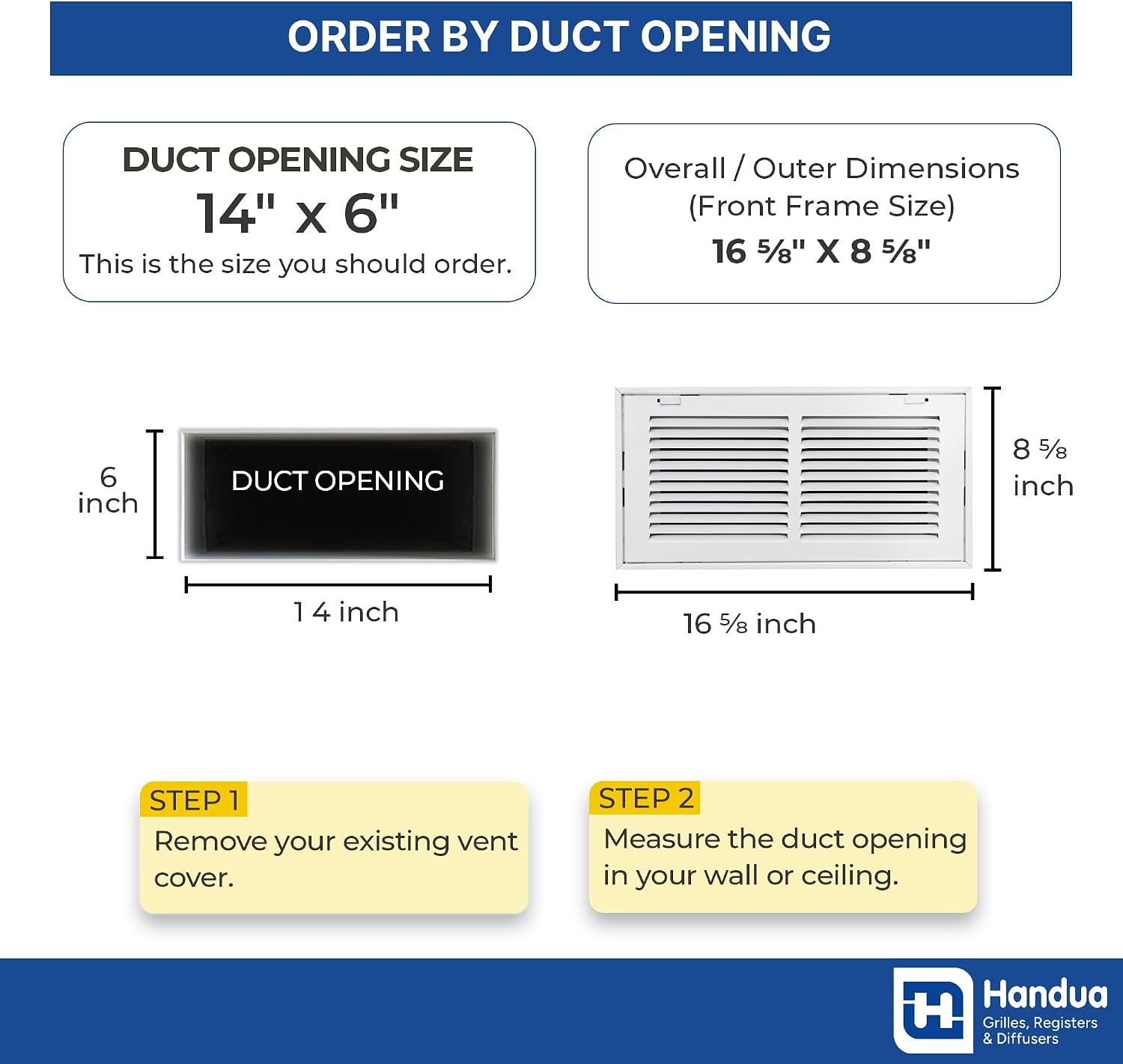 Fits 14x6 Duct Opening | Steel Return Air Filter Grille by Handua [Removable Door] for 1-inch Filters | Vent Cover Grill | White | Easy-to-Use Plastic Latches | Outer Dimensions: 16 5/8"W X 8 5/8"H image 2