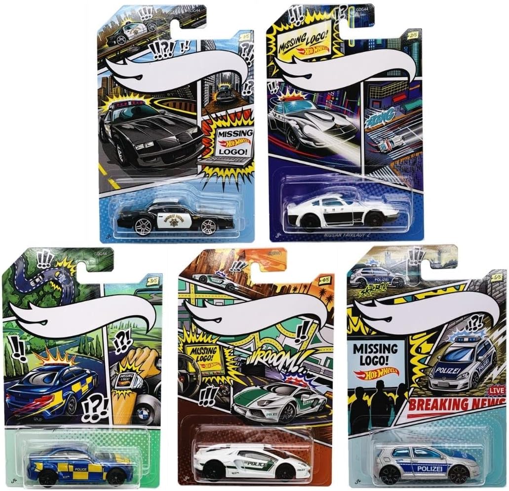 Hot Wheels Police Pursuit Comic Missing Logo Art Variant – Complete 5‑Pack Bundle (2020 Edition) | Collectible 1:64 Die‑Cast Police Cars