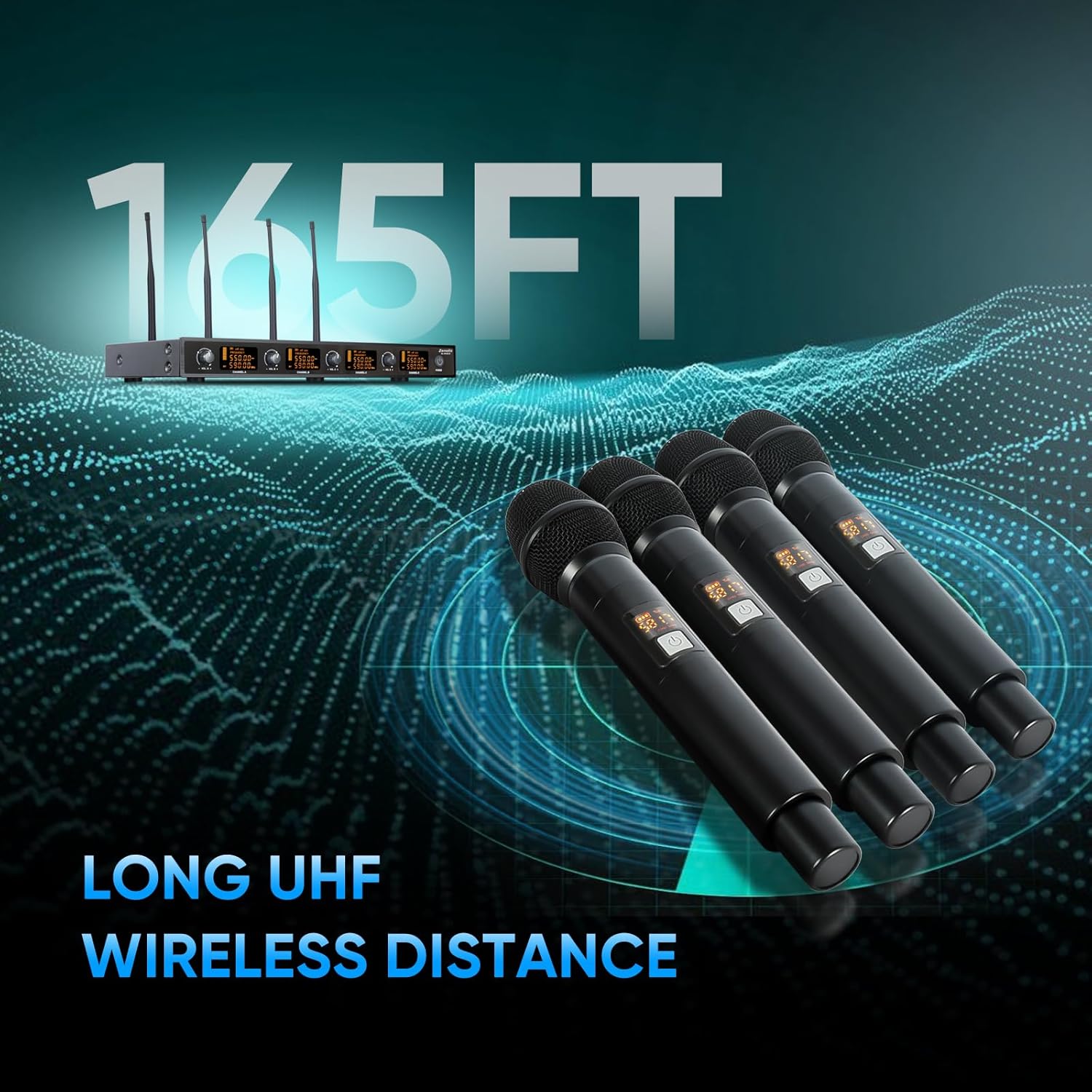 Wireless Microphone System, 4 Channels UHF Metal Cordless Handheld Wireless Mics Set - Adjustable Frequencies, Auto Scan, 165ft Range for Karaoke Singing Meeting Church Wedding (BLM404)