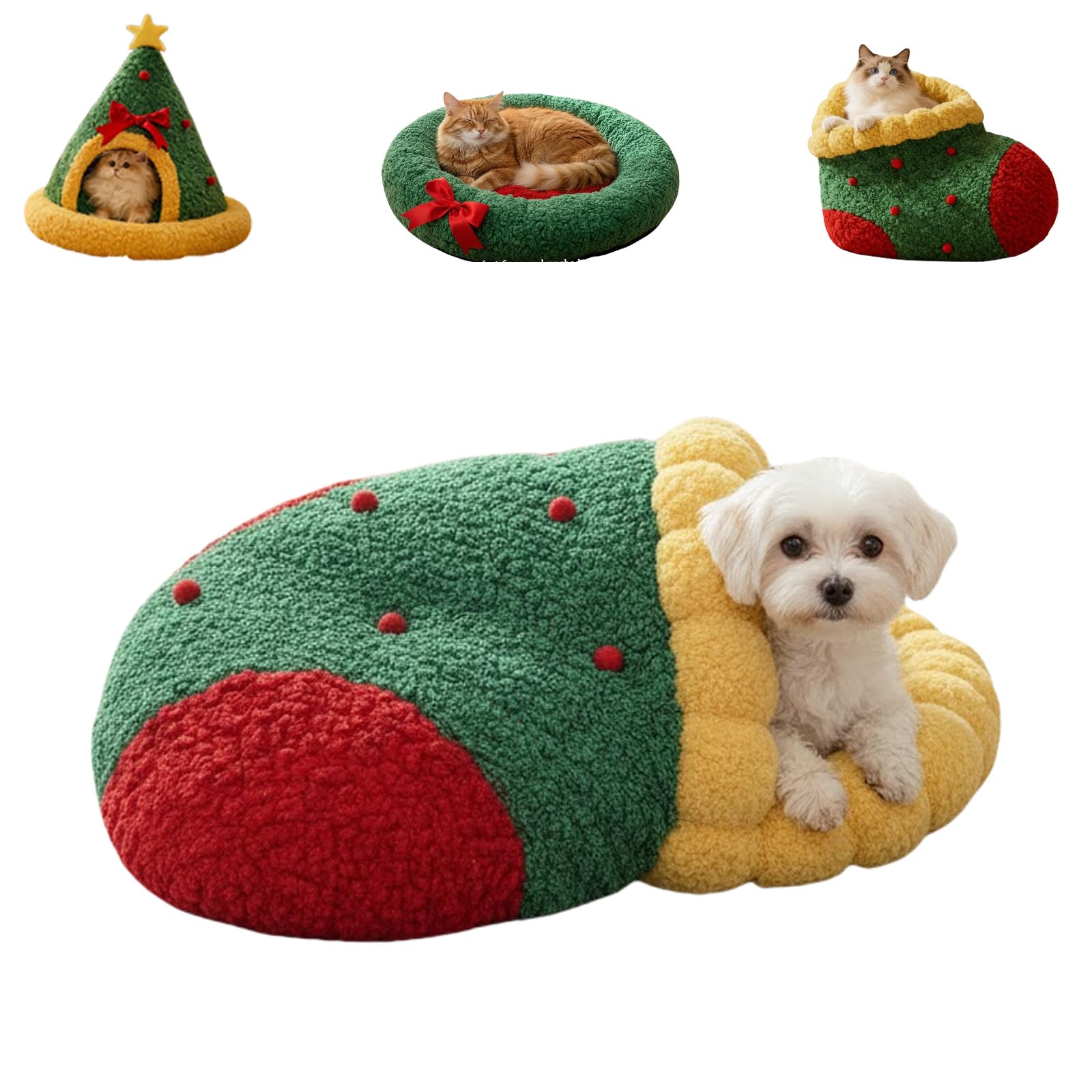 Cama de árbol de Navidad para gatos con cueva térmica acolchada y cojín lavable extraíble