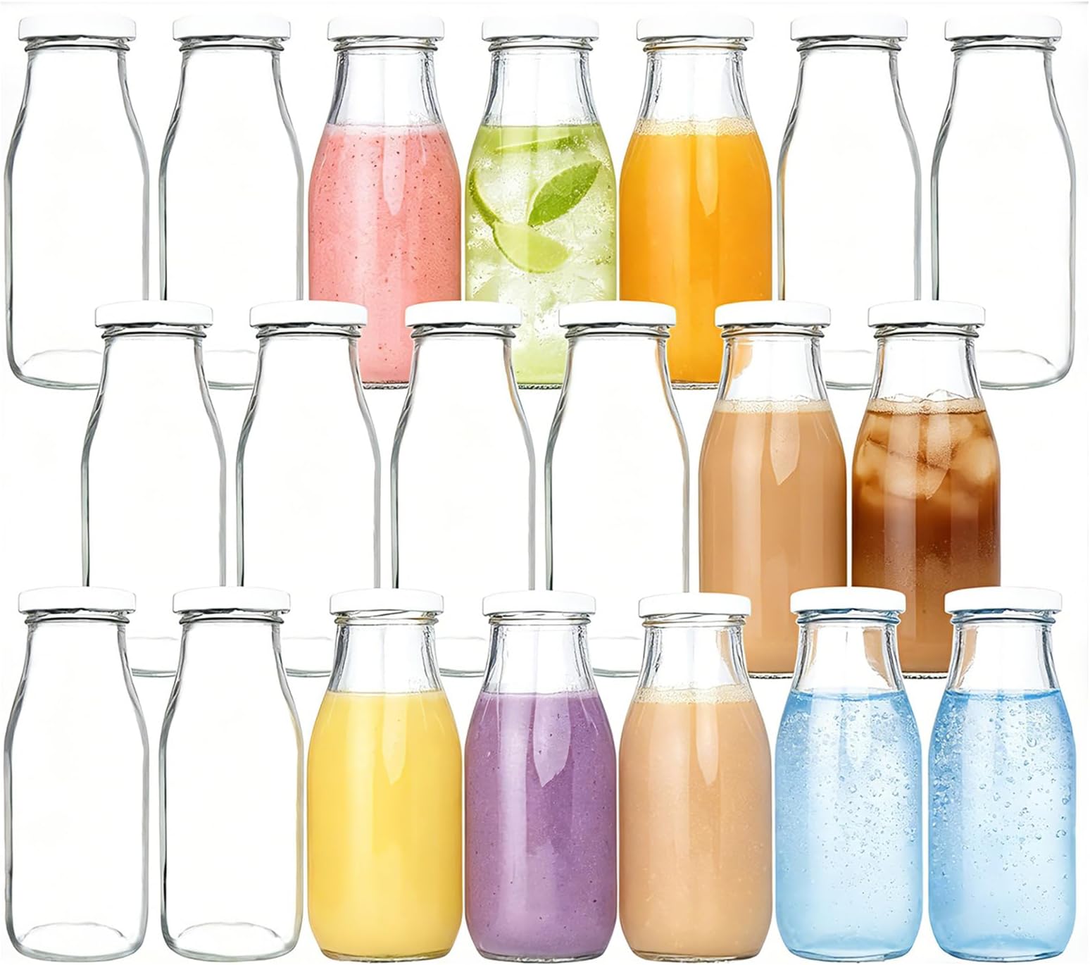 QAPPDA 12 oz Glass Bottles, Glass Milk Bottles with Lids, Vintage Breakfast Shake Container, Vintage Drinking Bottle with Chalkboard Labels and Pen for Party,Kids,Set of 20