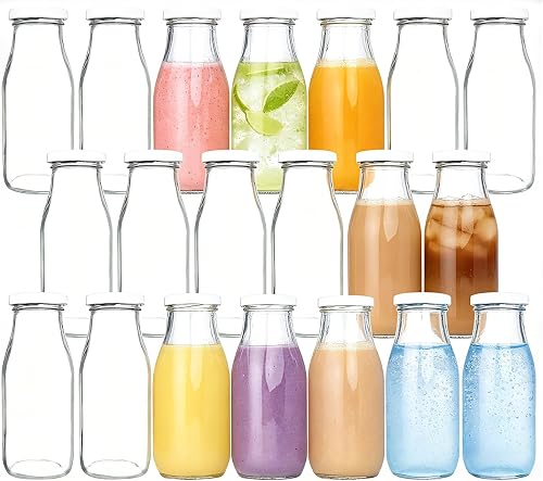 QAPPDA 12 oz Glass Milk Bottles with Lids, 20 Pack Vintage Juice Bottles | Drinking Bottle with Labels and Pen for Storage Tea, Kombucha, Milk Smoothies, Protein Drinks