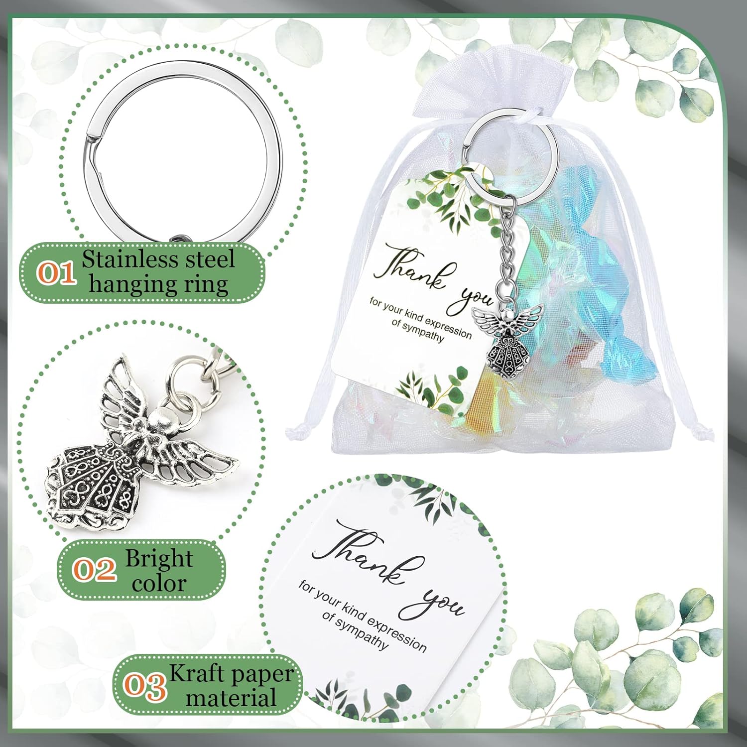 Hicarer 180 Pcs Funeral Favors Thank You Set 60 Pcs Angel Charm Keychain Angel Key Ring 60 White Organza Bags 60 Sympathy Thank You Cards Tags for Funeral Memorial Party Guests Gifts - Image 2