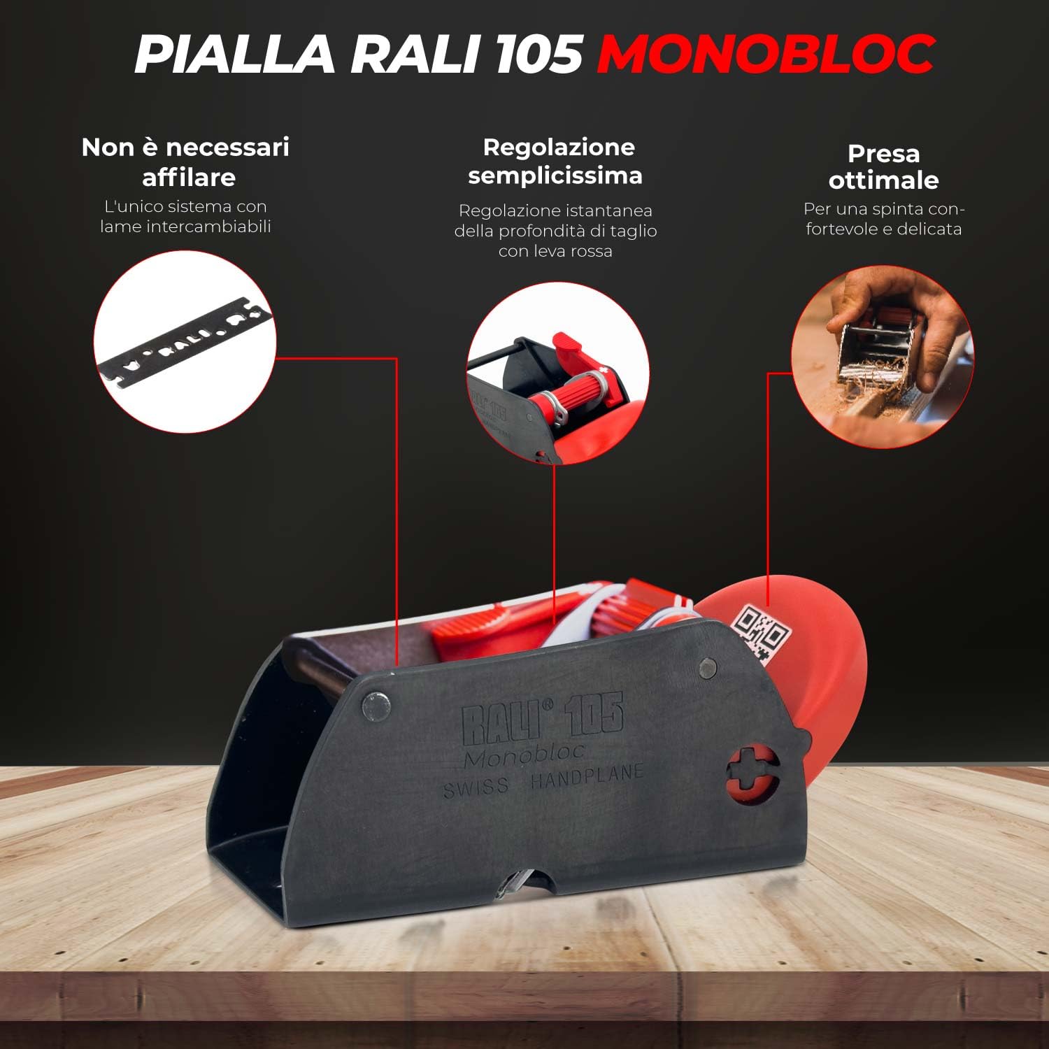 RALI 105 Piallatrice Manuale Monoblocco per Lavorazione del Legno | Piallatrice per Legno con Doppio Taglio Reversibile, Nessuna affilatura necessaria and Regolazioni ultra-facili