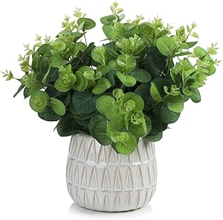 ENOVA FLORAL Fake Potted Plant, Artificial Eucalyptus Plants in Ceramic Pots, Small Fake Plants for Shelf, Living Room, Bathroom, Home Decor Indoor