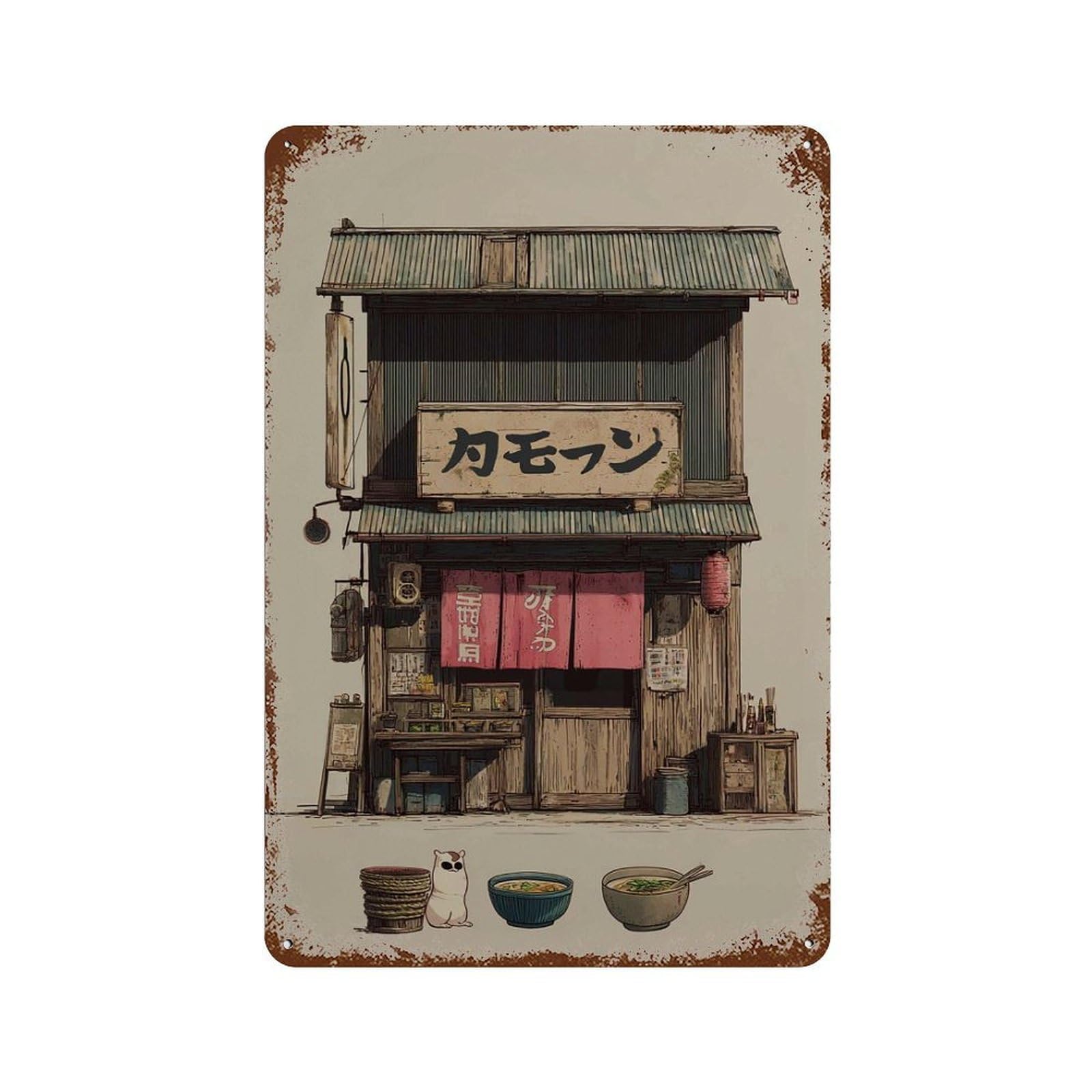 xiaoxiaoshen Japanese Ramen Shop Retro Noodle House Tokyo Street Scene Storefront with Cat An Wall Decor Art Metal Tin Poster Modern Home Decor Art Home Bar Shop Decorations Vintage Sign 30x20cm