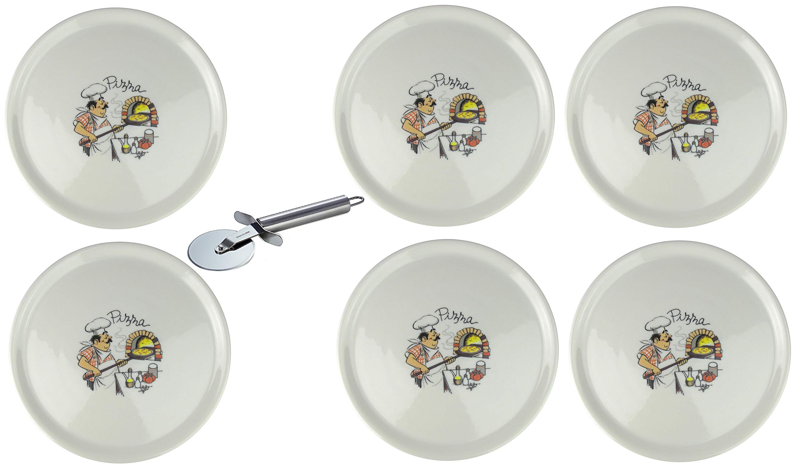 Saturnia Porcelanowy talerz do pizzy XXL, z różnymi motywami, w zestawie nóż do pizzy ze stali nierdzewnej, 6 sztuk, Ø 33 cm
