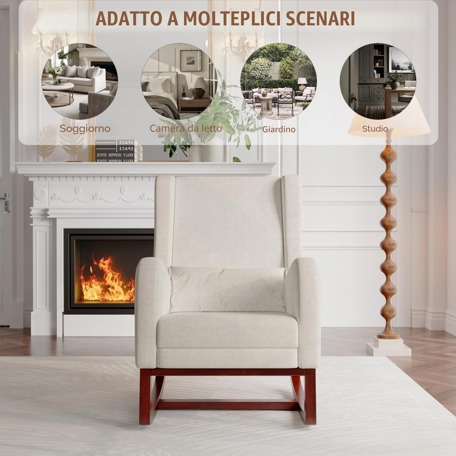 Sedia a dondolo con poggiapiedi regolabile e 2 tasche laterali,sedia da allattamento imbottita con cuscino lombare,schienale e bracciolo,sedia a dondolo per soggiorno,camera da letto (Beige)