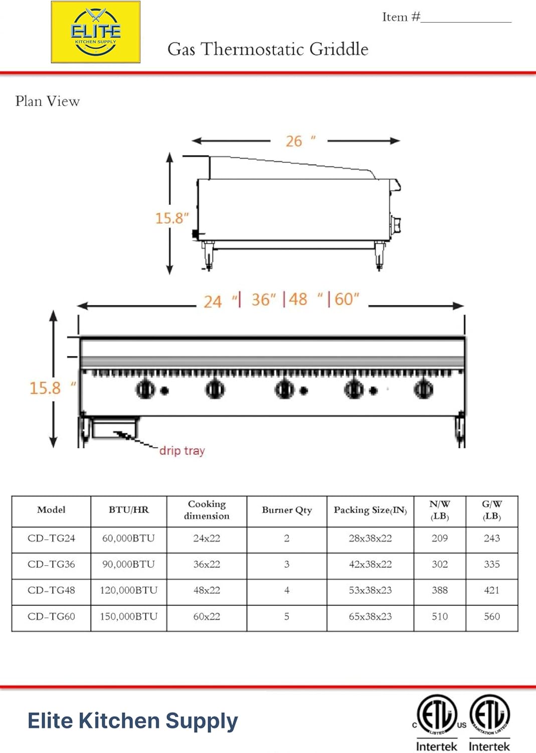 Commercial Thermostat Griddle ETL Countertop Natural Gas, 60"