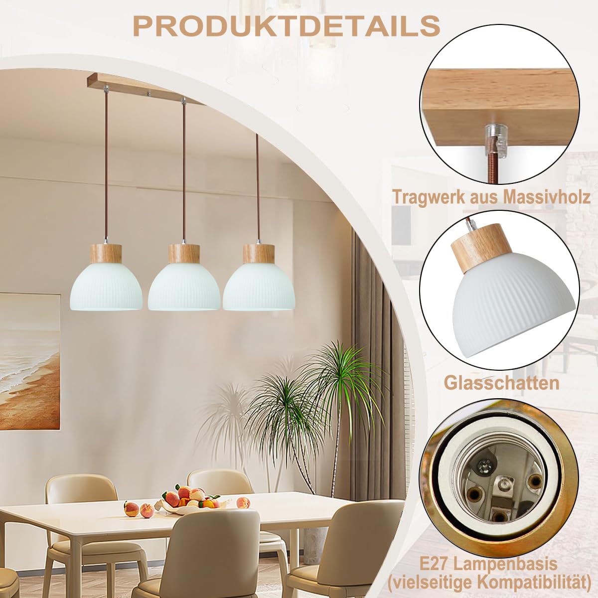 Moderne Industrial Pendelleuchte 3-flammig aus Holz mit Glas-Dekor, verstellbares Kabel E27 Hängeleuchte für Wohnzimmer, Esszimmer, Büro & Hotel