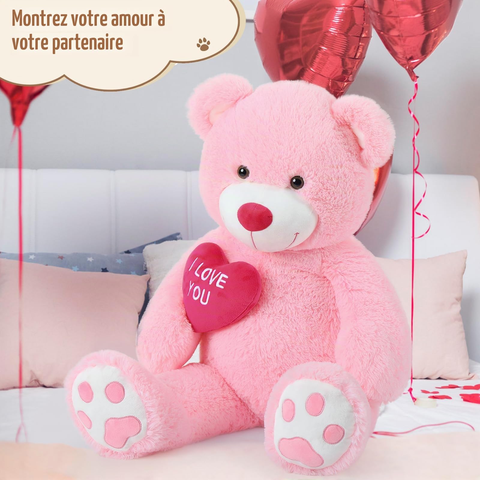 MorisMos Ours Peluche Geant Rose avec Cœur, I Love You Nounours en Peluche Geante XL,Cadeaux de Noël, Mignonne pour Enfants Filles Copine Femme Anniversaire(90cm)
