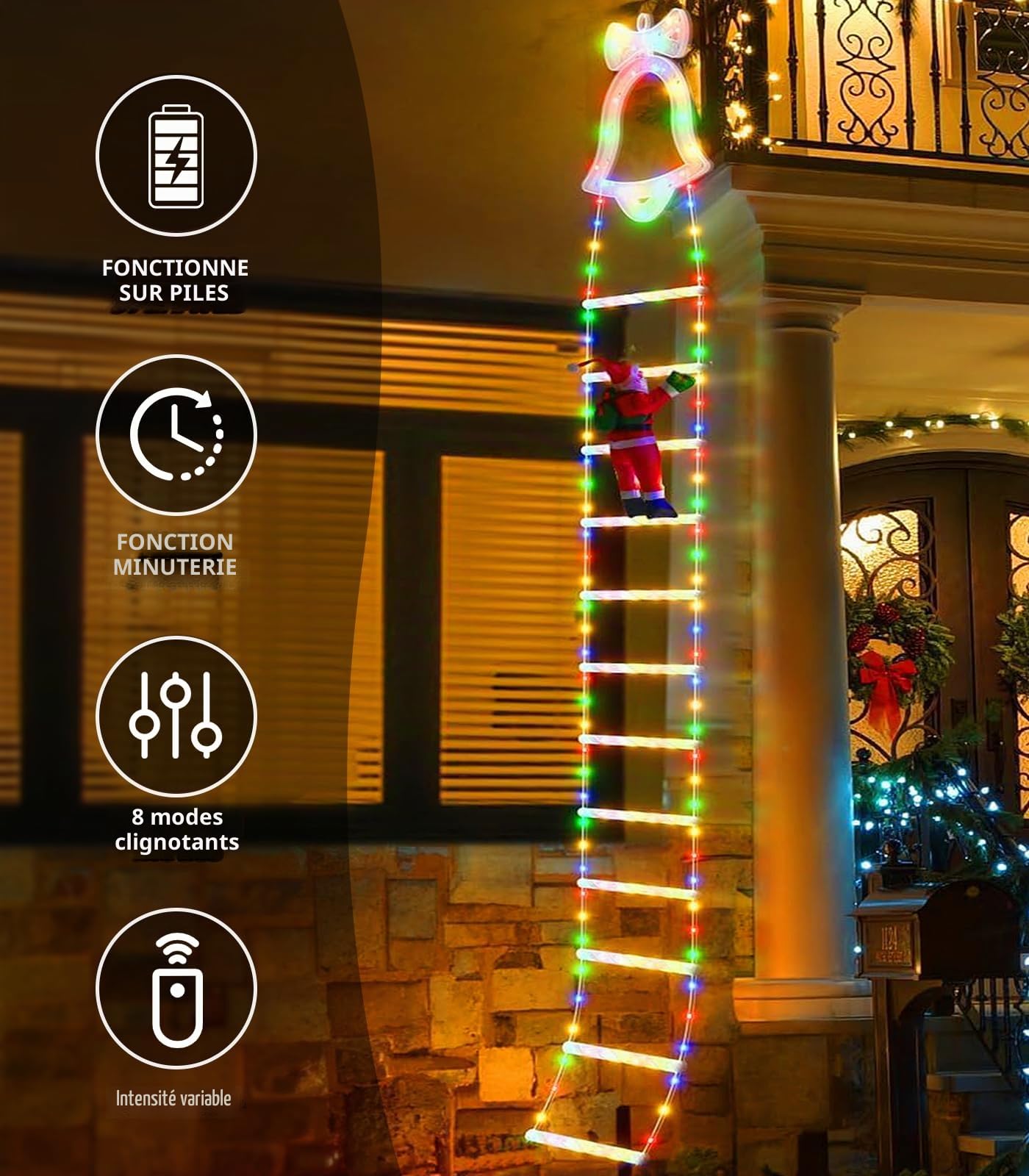 Guirlande Lumineuse Échelle Père Noël, 3 m LED Rideau Lumineux Decoration Noel Guirlande Lumineuse à Piles, 8 Modes Christmas Lights Échelle avec Père Noël Minuterie Étanche pour Exterieur Interieur