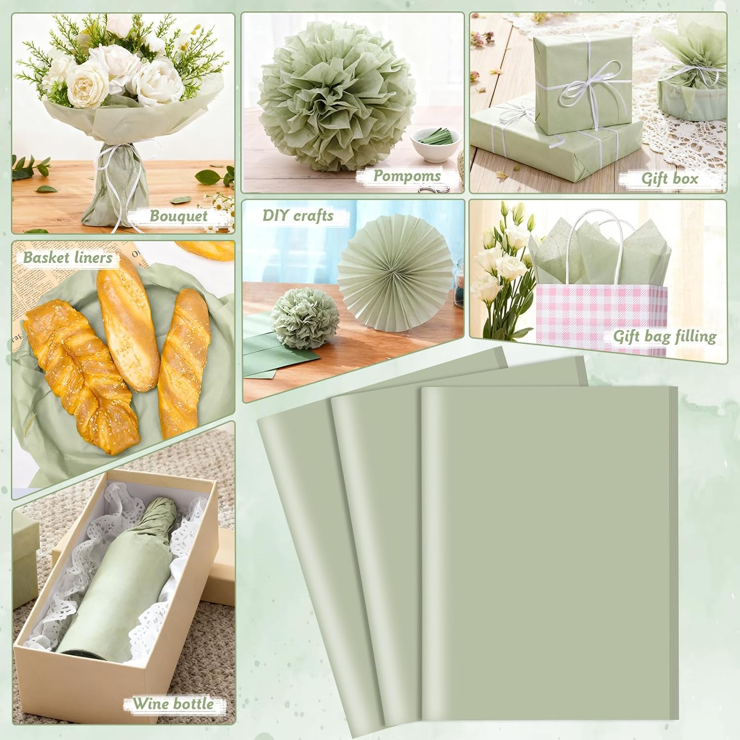woric 80 Sheets Sage Green Tissue Paper for Gift Bags 20 X 14 Inches Gift Tissue Paper Bulk for Weddings Crafts Birthday Party Decorations