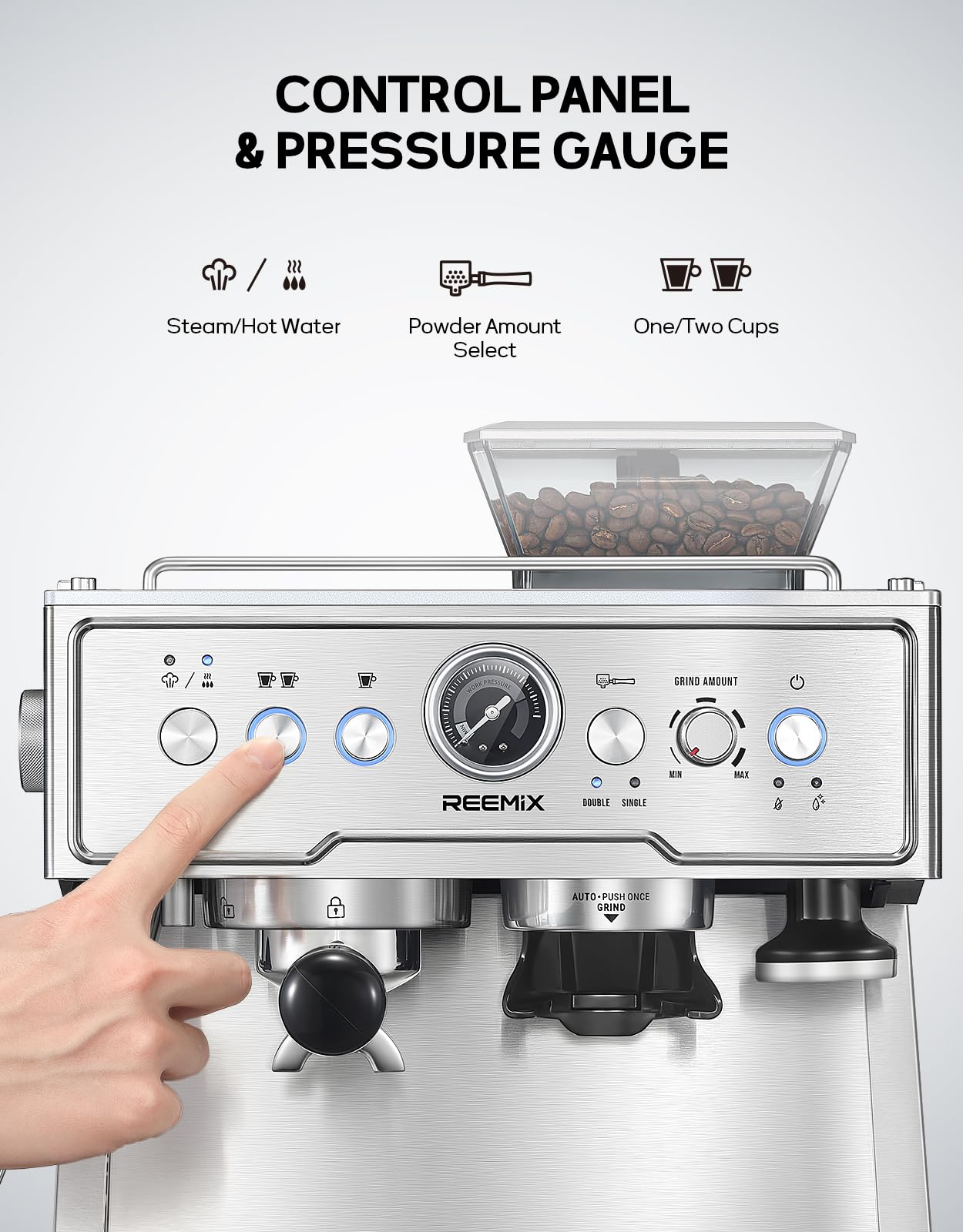 Reemix Machine à Expresso avec Porte-Filtre, Machine à Café 20 Bars avec Moulin Intégré et Mousseur à Lait, 1350 W, Réservoir de 2,8 l, Acier Inoxydable/Argenté, Kit Barista (54 mm Porte-Filtre)
