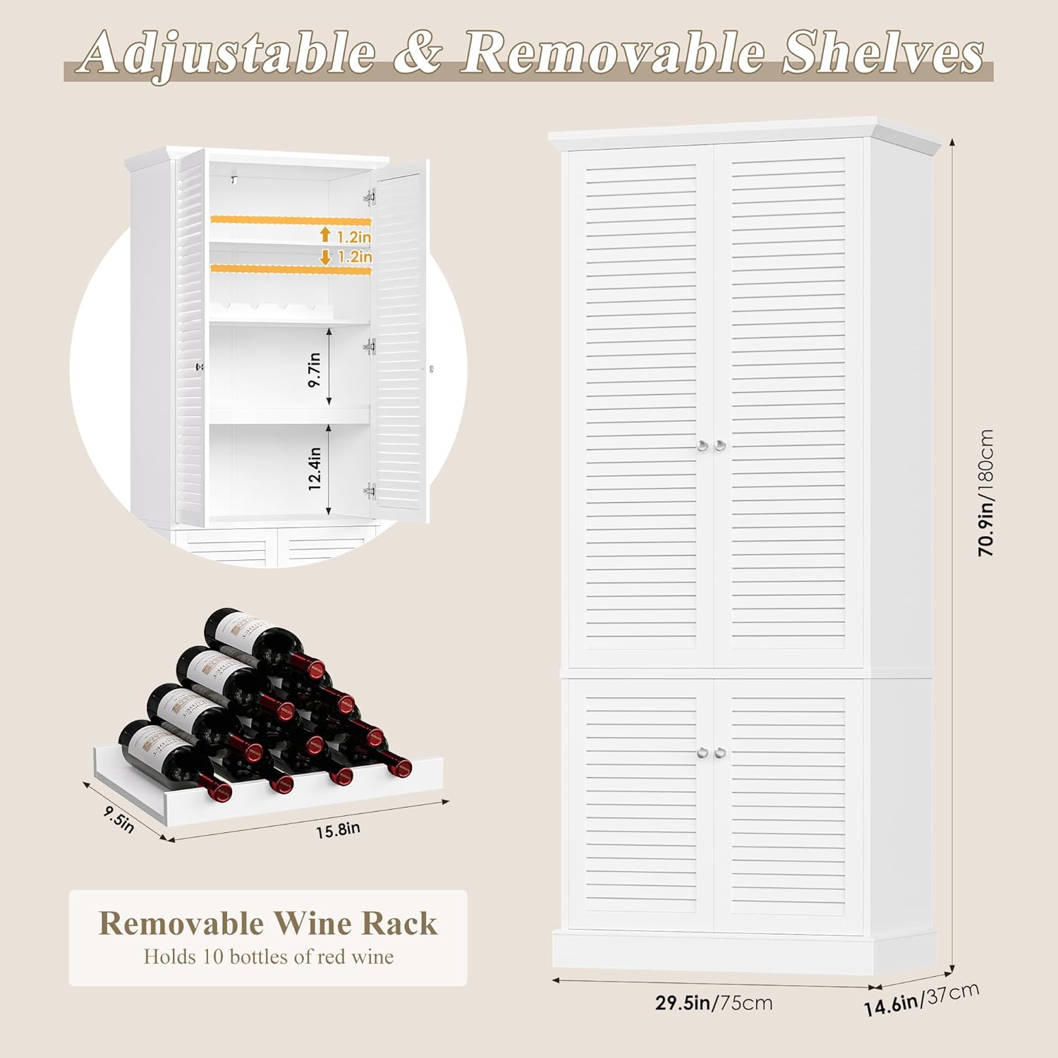 70.9" Tall Storage Cabinet, Wood Pantry Cabinet with 4 Shutter Doors and Adjustable Shelves, Kitchen Hutch Bar Cabinets with Wine Rack for Dining Room, Living Room, Kitchen, White, Modern