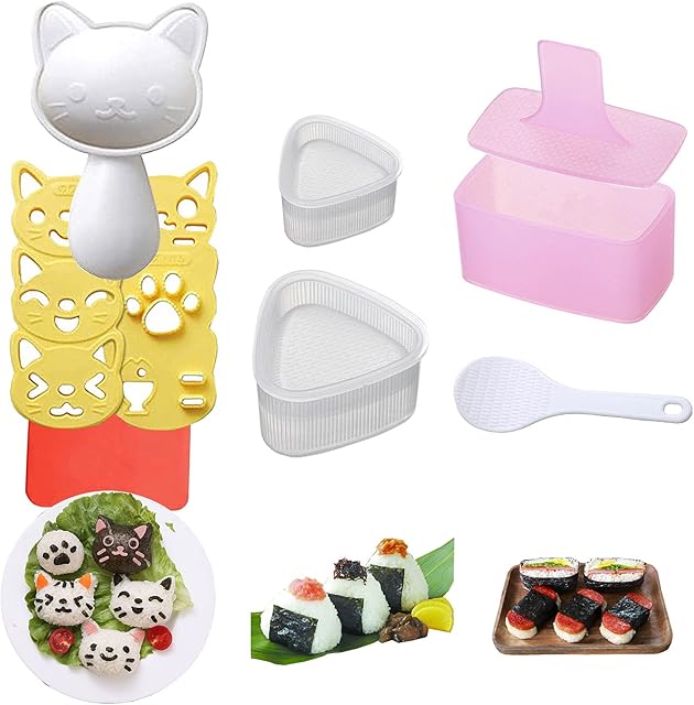 Rice Ball Mold, 3 Pack Onigiri Mold, Cute Cat Kitten Sushi Mold for Kids, Musubi Maker Press, Classsic Triangle Rice Ball Maker Sushi Mold Kit for Lunch Bento Box Accessories