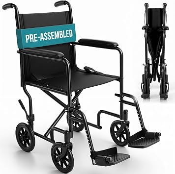 Vive Lightweight Transport Wheelchair for Seniors - Portable, Folding, 19 | Seat, Travel Wheel Chair for Adults - Foldable, Light Weight Mobility Aid with Swing-Away Footrests - Arrives Pre-Assembled