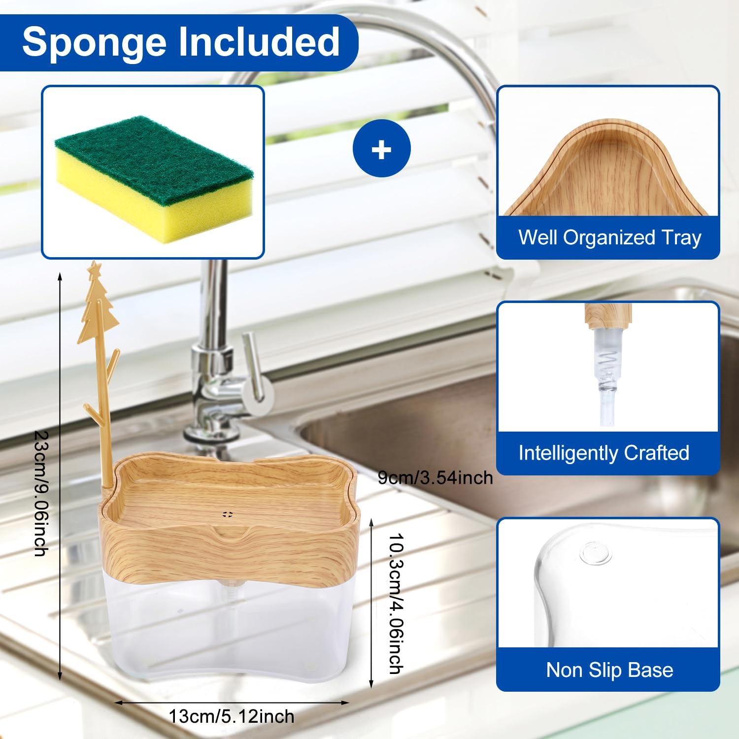 Innovative Bambo Style Dish Soap Dispenser for Kitchen Sink with Sponge Holder, 13 oz Refillable Kitchen Soap Dispenser, Countertop Soap Pump for Dishwashing Liquid, Kitchen Sink Organizer
