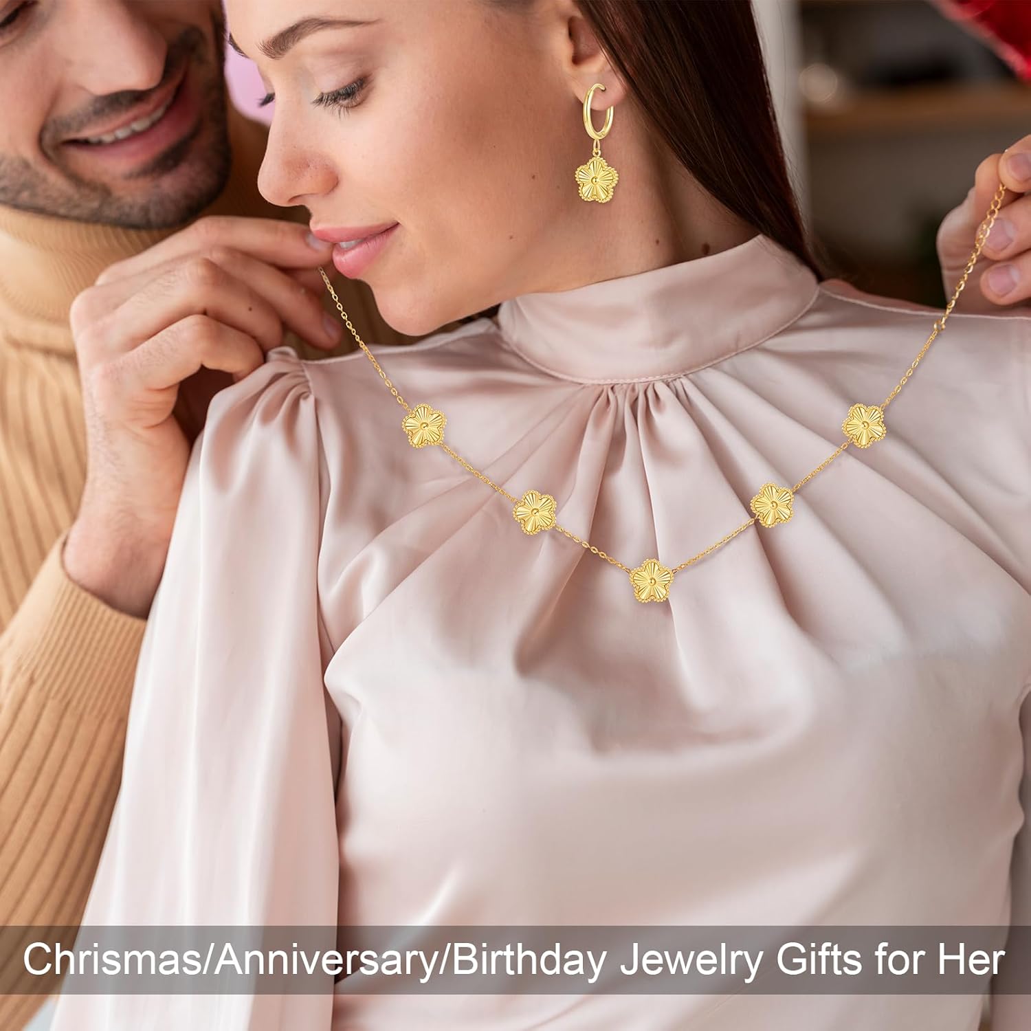 Clover Jewelry Set with Flower Design Four Leaf Clover Necklace for Women Lucky Clover Bracelet Earrings for Friends 3pcs Floral Style Clover Jewelry Gifts - Image 2