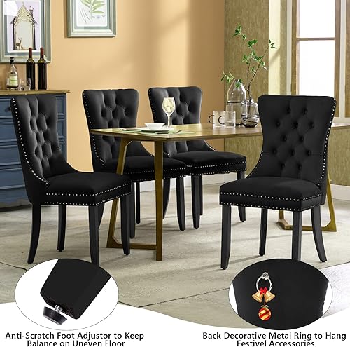 Miniatura 5 de Juego de 2 sillas de comedor tapizadas de terciopelo, sillas de comedor con respaldo de ala, patas de madera maciza, con botones y ribete de clavos,