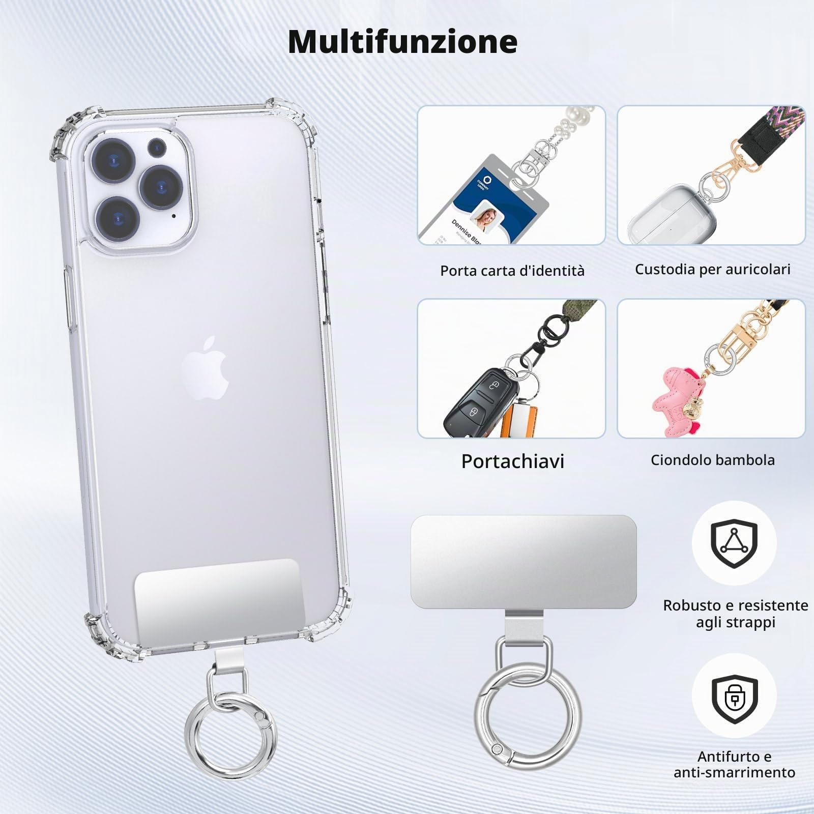 Set Di 2 Linguette In Acciaio Inox Per Cordino Cellulare Con Anello A Molla – Compatibili Con Custodie Con Porta Di Ricarica