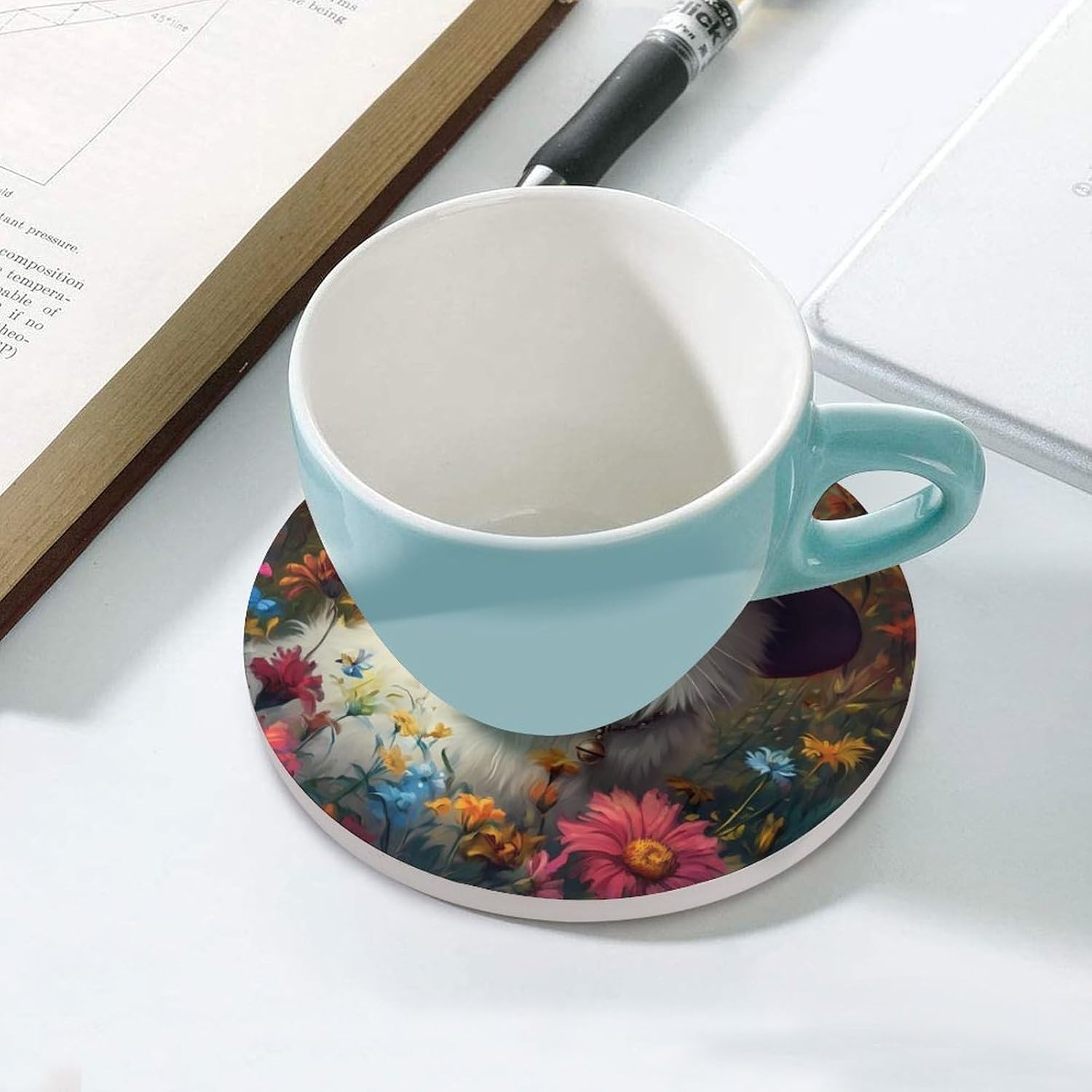 White Cat Coasters for Drink Round Ceramic Coaster with Cork Base Home Decorative 4PCS