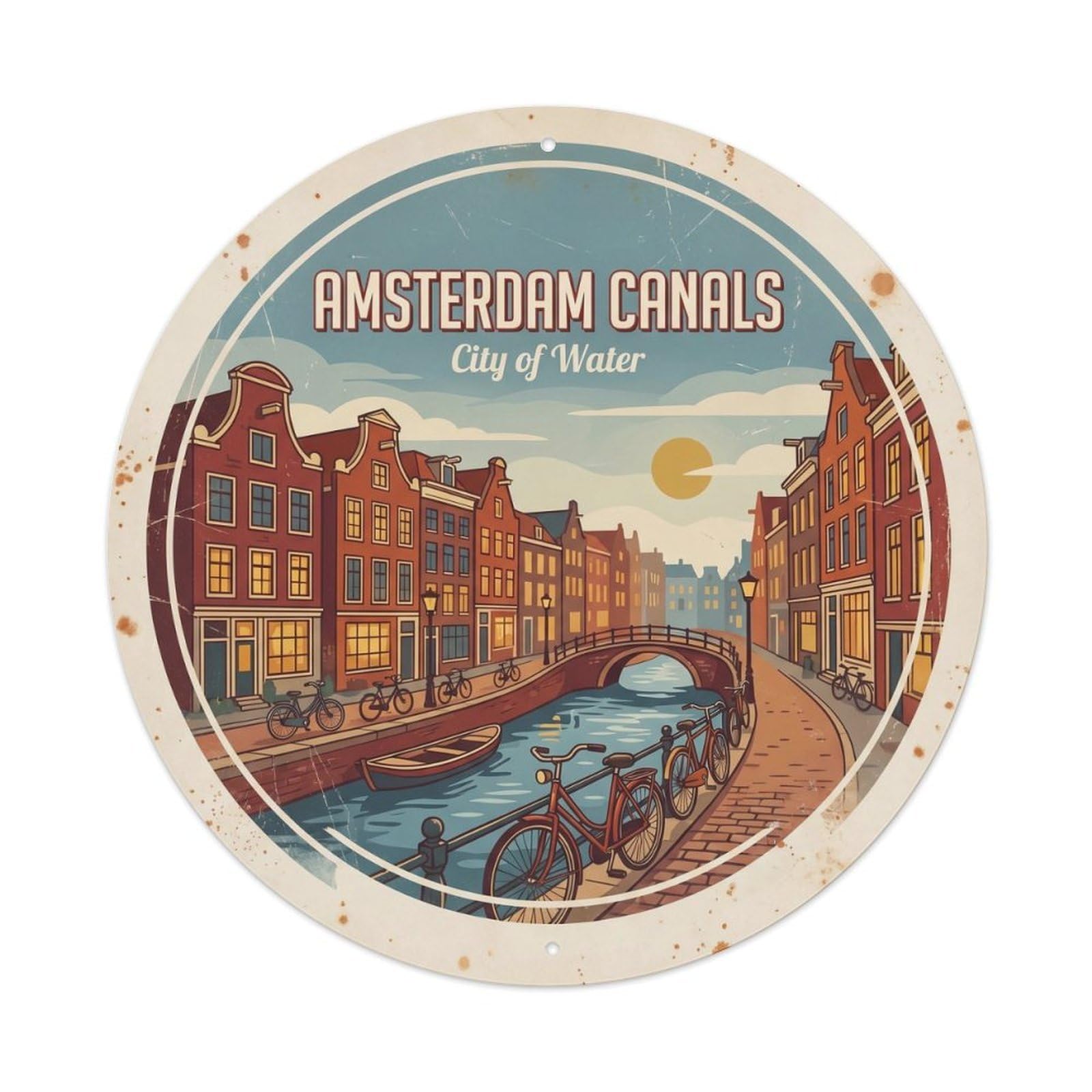 Vintage Travel Canal Houses Amsterdam Metal Tin Sign Plaque Wall Decor for Cafe, Club, Garden Round Metal Poster 8x8Inch
