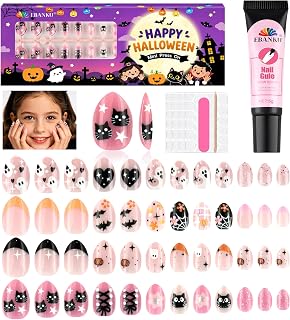 EBANKU Halloween barn tryck på naglar, 96 st mandel falska naglar kit, fullt skydd fladdermus pumpa bröllop design stick på spik med nagellim för flicka