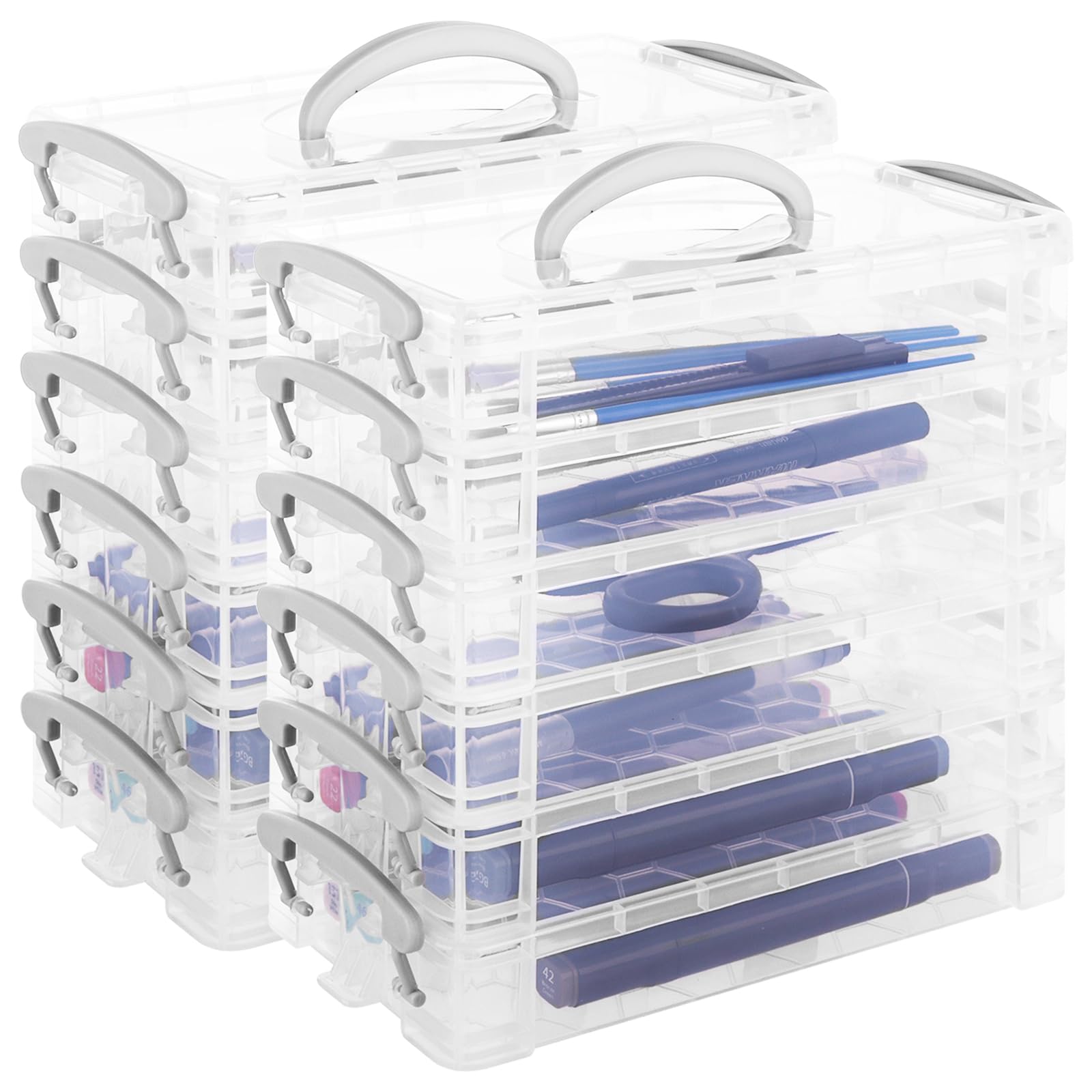 Caja de almacenamiento de 2 piezas con asas, caja de almacenamiento de plástico transparente de 6 niveles con tapa hermética, estuche portátil, caja de herramientas de dibujo para bolígrafos