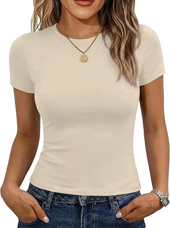 iGENJUN Womens Basic T-Shirts Scoop Neck Short Sleeve Crop Tops Cute Summer Tops Slim Fit Tees Y2k Clothing 2026