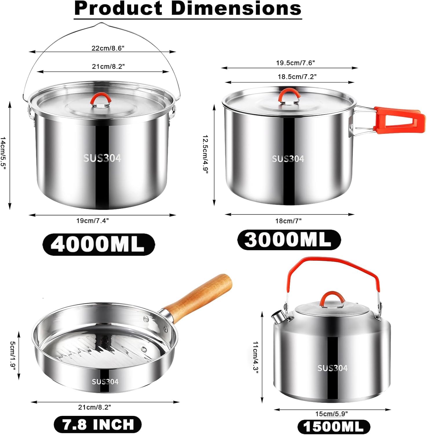 Set di pentole da campeggio, set da cucina da campeggio, in acciaio inox 304, set di pentole e padelle, durevole attrezzatura da campeggio con bollitore per escursioni, cucina all'aperto, picnic