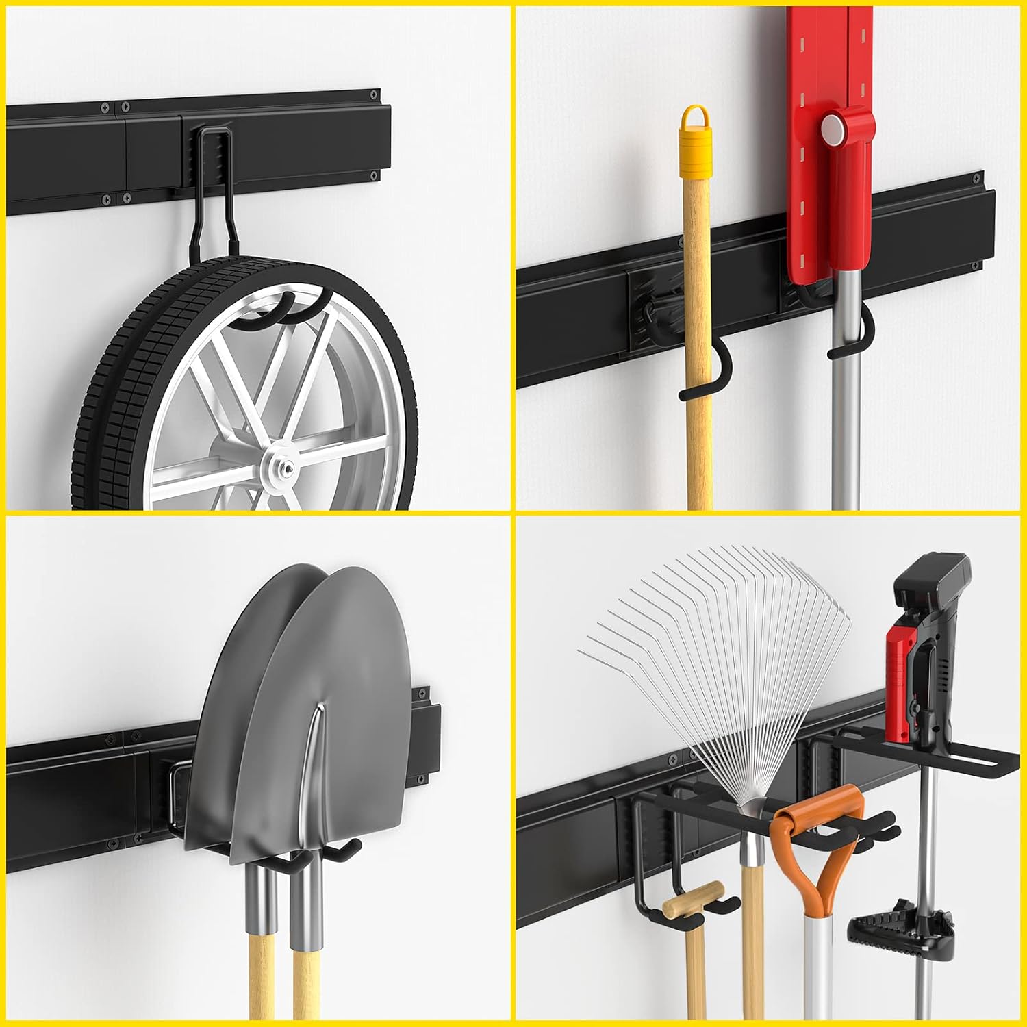 64" Ailadl Wall Mount Tool Storage Rack, 15 PCS Heavy Duty Steel Yard Garden Tool Organizer, Garage Tool Organizer Wall Mounted Storage System Hold Up to 550lbs, with 2 Extension Cord