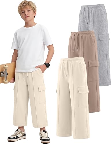 Langyiwee 3 Pack Boys Capri Cargo Baggy Pants, 3-Color, 13-14 Years