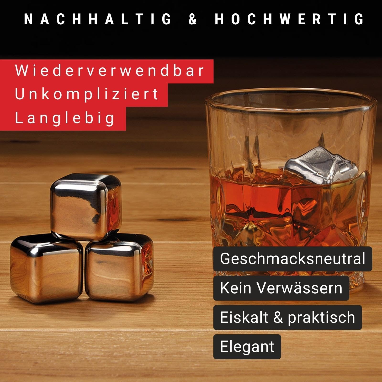 WOMA Whisky Steine Set I 4 Kühlwürfel inkl. Untersetzer, Edelstahlzange, Whiskey Glas & hochwertiger Holzbox I Wiederverwendbare Eiswürfel für Whiskey Wodka Gin Rum Tequila & Cocktails