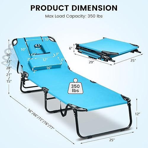 Miniatura 3 de GYMAX Silla bronceadora, silla de playa de 350 libras con orificio facial, almohada lavable y correa de transporte, tumbona plegable ajustable,