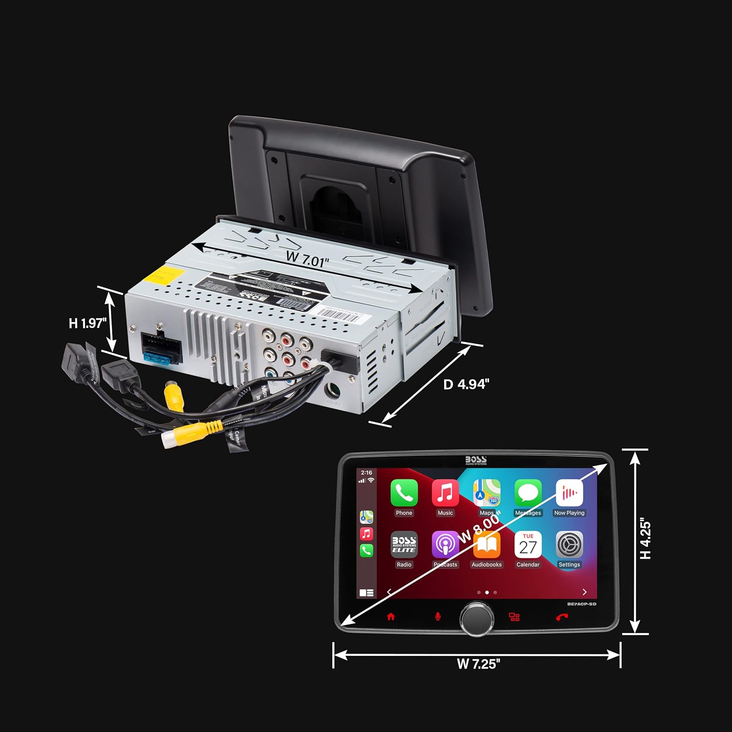 BOSS Audio Systems Elite Series BE7ACP-SD Car Stereo System - Apple CarPlay, Android Auto, 7 Inch Single Din, Touchscreen, Bluetooth Head Unit, Radio Receiver, No CD Player, Hook Up to Amplifier