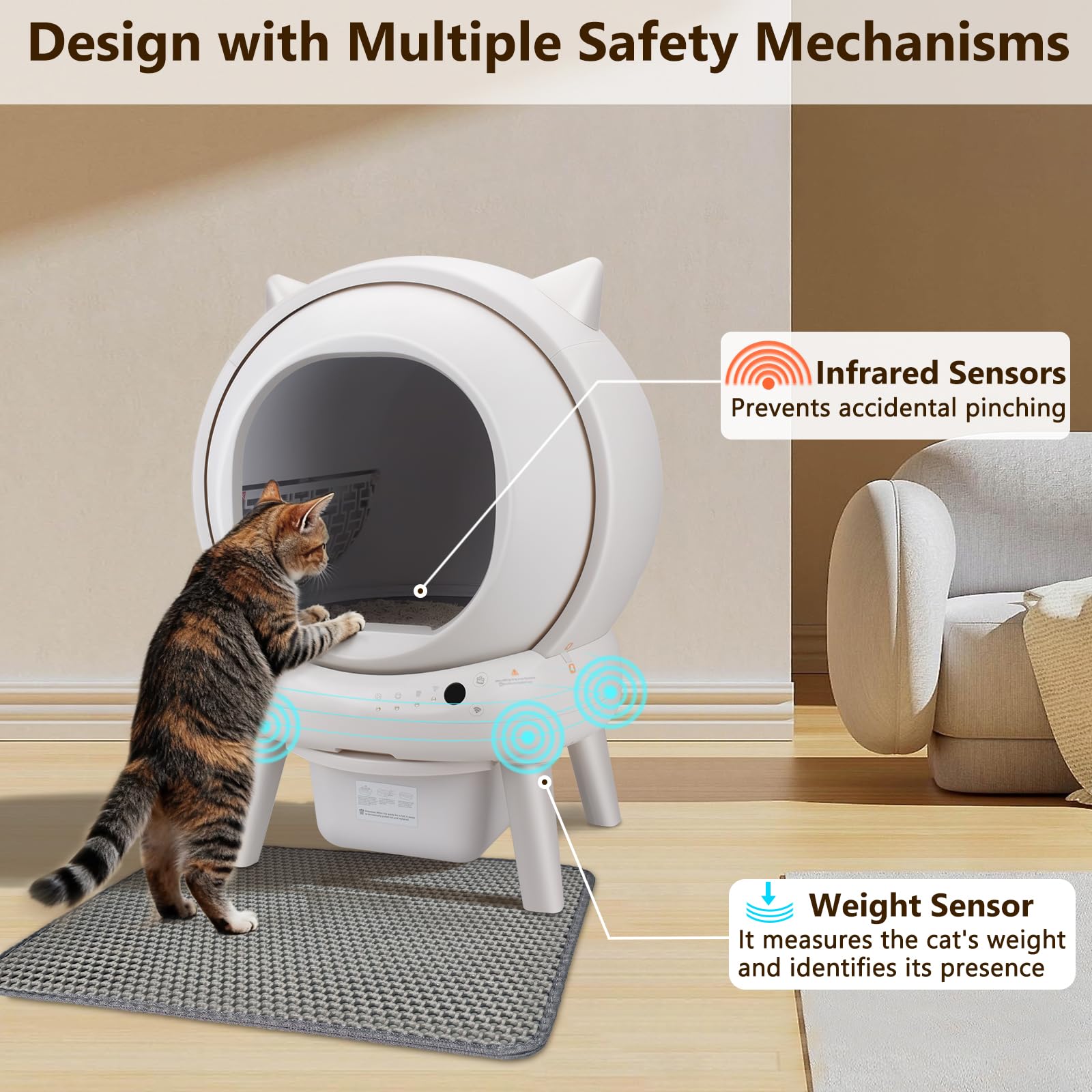 Lettiera per gatti autopulente, con controllo tramite app, 73 l, extra large, con sensore di sicurezza (anti-pizzico) e controllo degli odori, include sacchetti per la spazzatura e tappetino