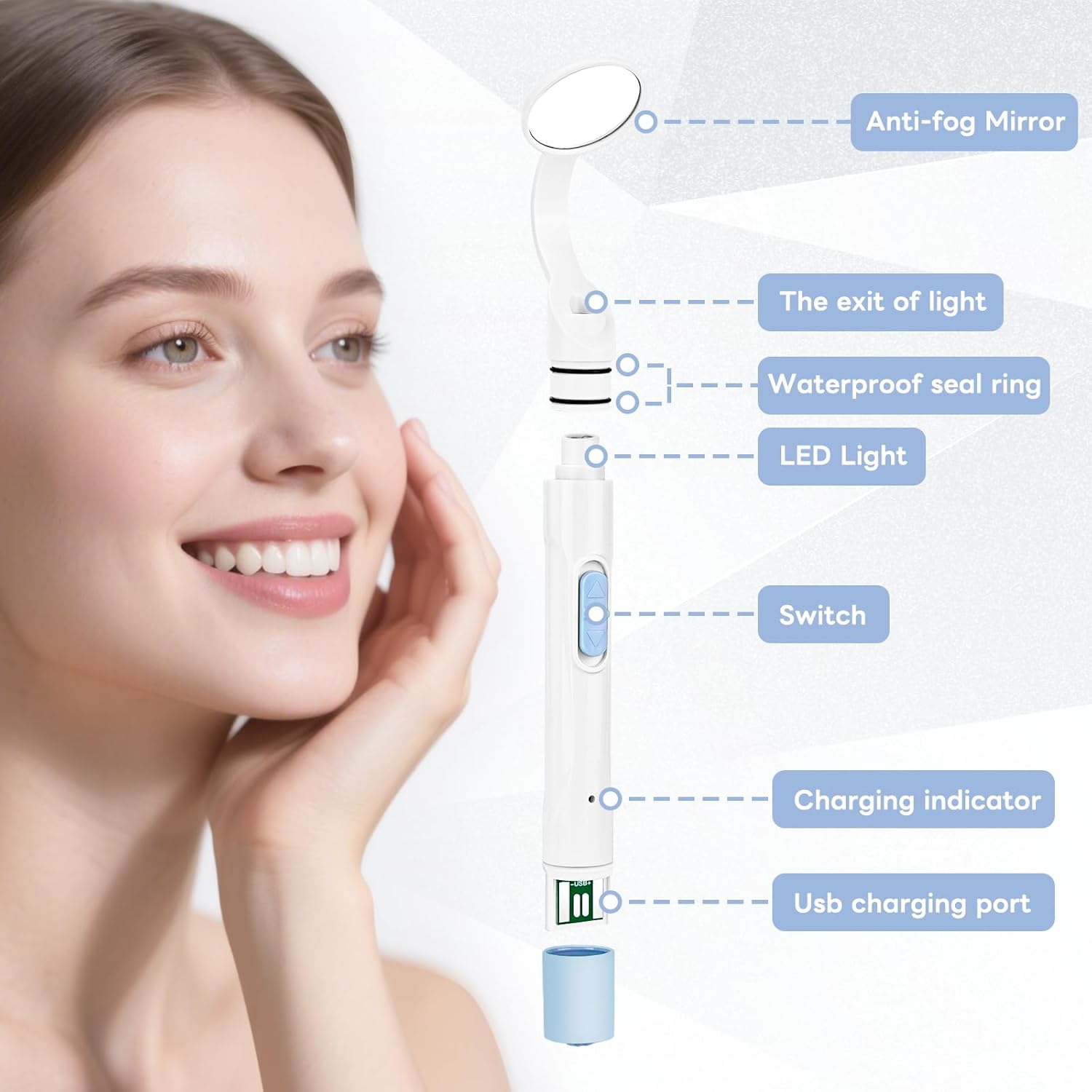 InhwRior Rechargeable LED Dental Mirror with USB Charging Function, Anti-Fog Mirror Surface, White & Yellow Dual Lighting, Detachable Design for Easy Cleaning(Blue)