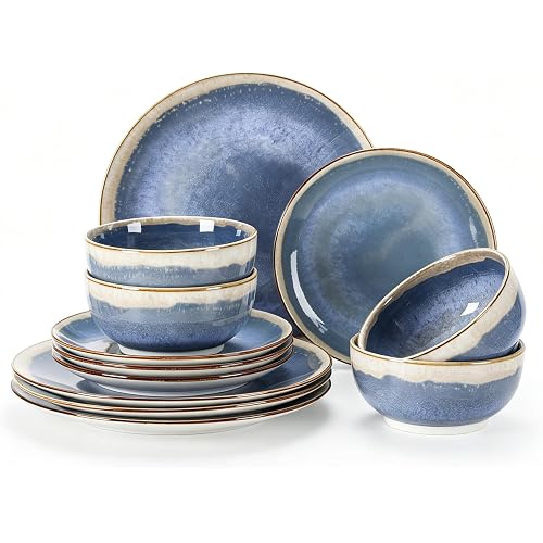 Sweejar 12 Pieces Ceramic Dinnerware Sets for 4, Periwinkle Purple | Gradient Glaze Plates and Bowls Set, Microwave & Dishwasher Safe, Stackable Dish Set, Scratch Resistant Dishware Sets