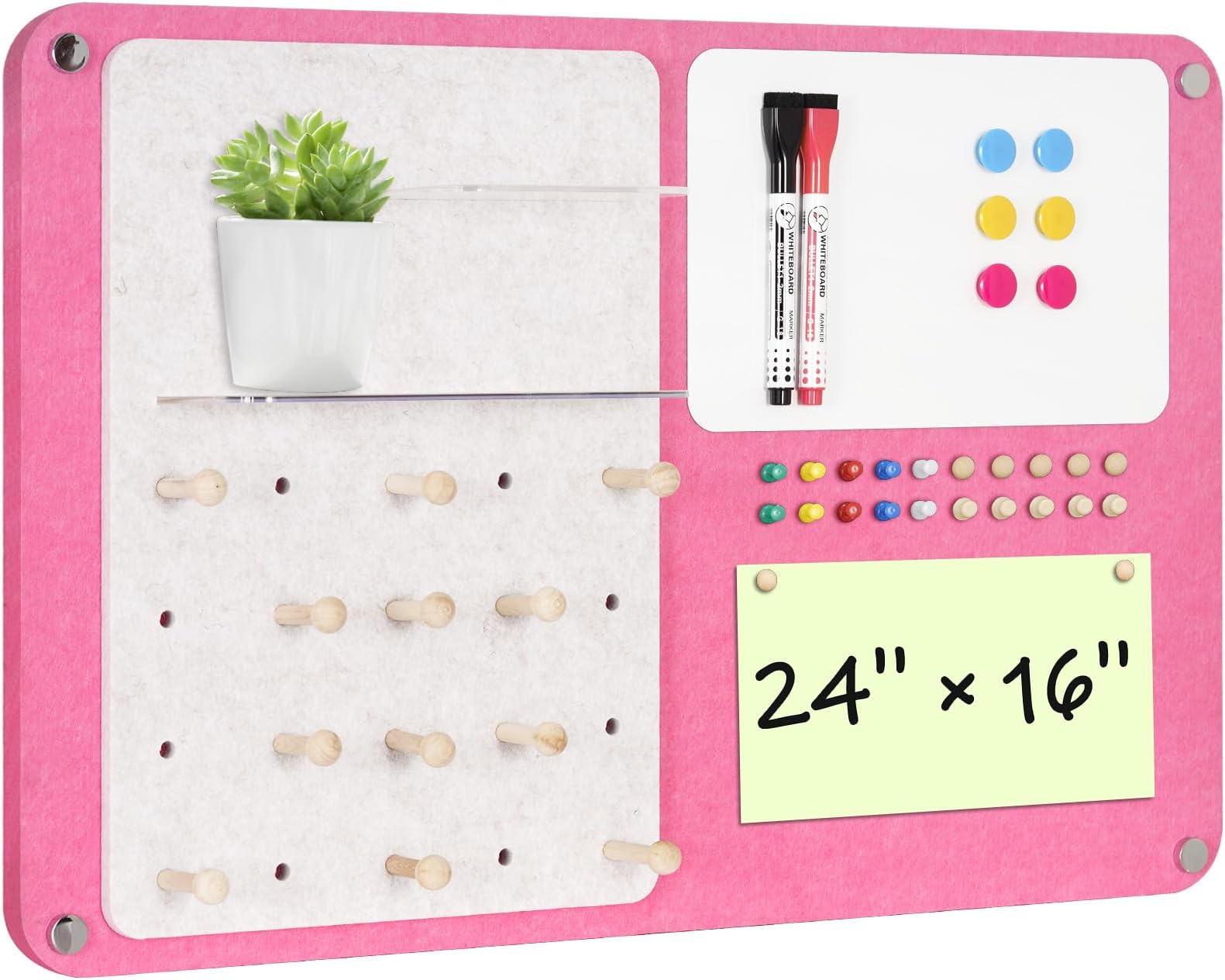 DOLLAR BOSS 3-in-1 Foldable Bulletin Board 16"x24" Horizontal- Magnetic Whiteboard with Cork & Acrylic Shelves, Sound-Absorbing Felt for Home/Office/Dorm Includes Pins/Magnets (Pink)