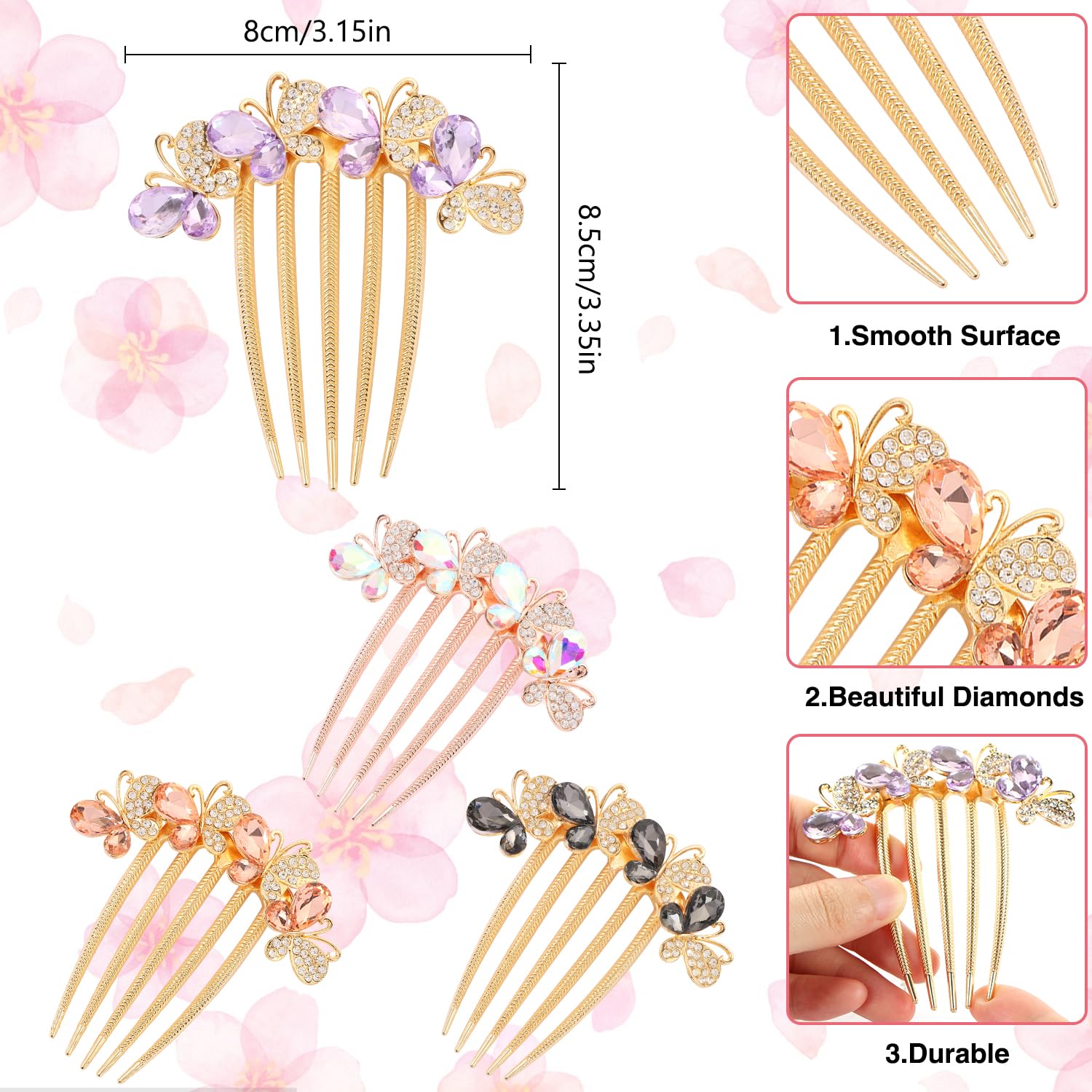 4 Pcs Pearl Rhinestones Hair Side Combs for Hair Accessories, Crystals Butterfly Hair Fork Clip for Updo Bun, Vintage Hair Combs Teeth Hair Pin for Women (Purple Orange Black White) image 2