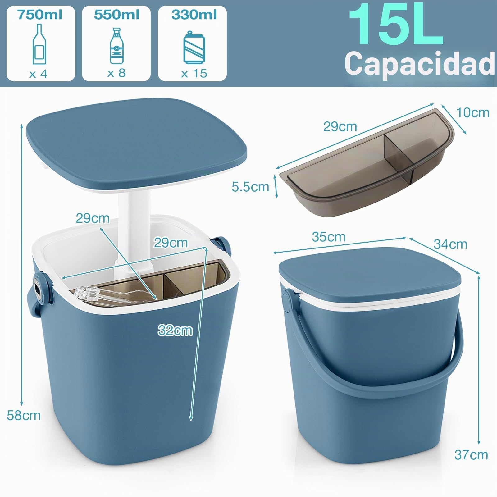 SOARS Bar Exterior 3 en 1 15L, Mesa auxiliar ajustable en altura 35 x 34 x 37-58 cm, con caja de hielo, abrazadera, refrigeración hasta 6H, mesa para jardín, piscina, sala de estar, dormitorio (azul)